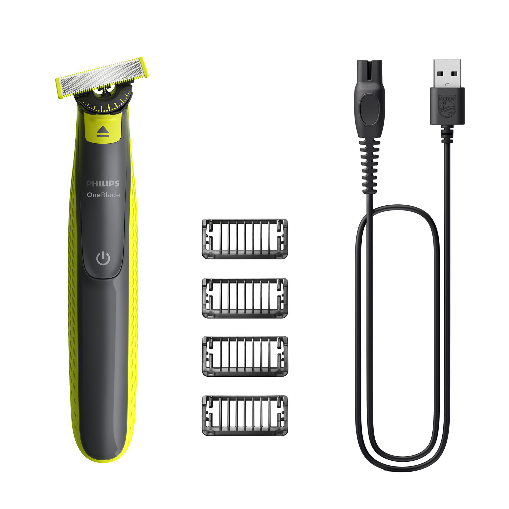 Ein gelb-schwarzer Philips OneBlade mit Aufsätzen und USB-Ladekabel.