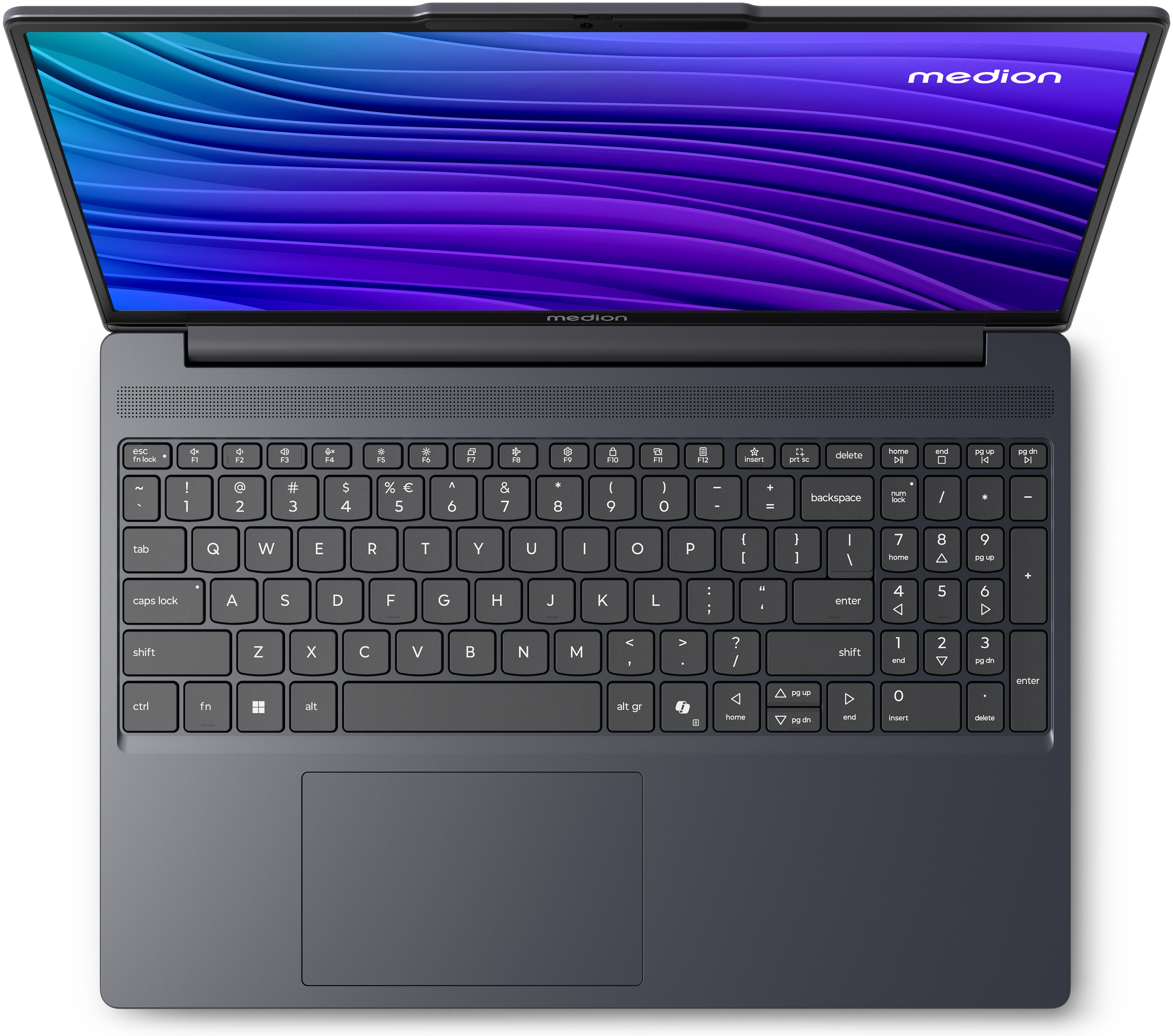 Een open donkere laptop met een kleurige abstracte achtergrond op het scherm.