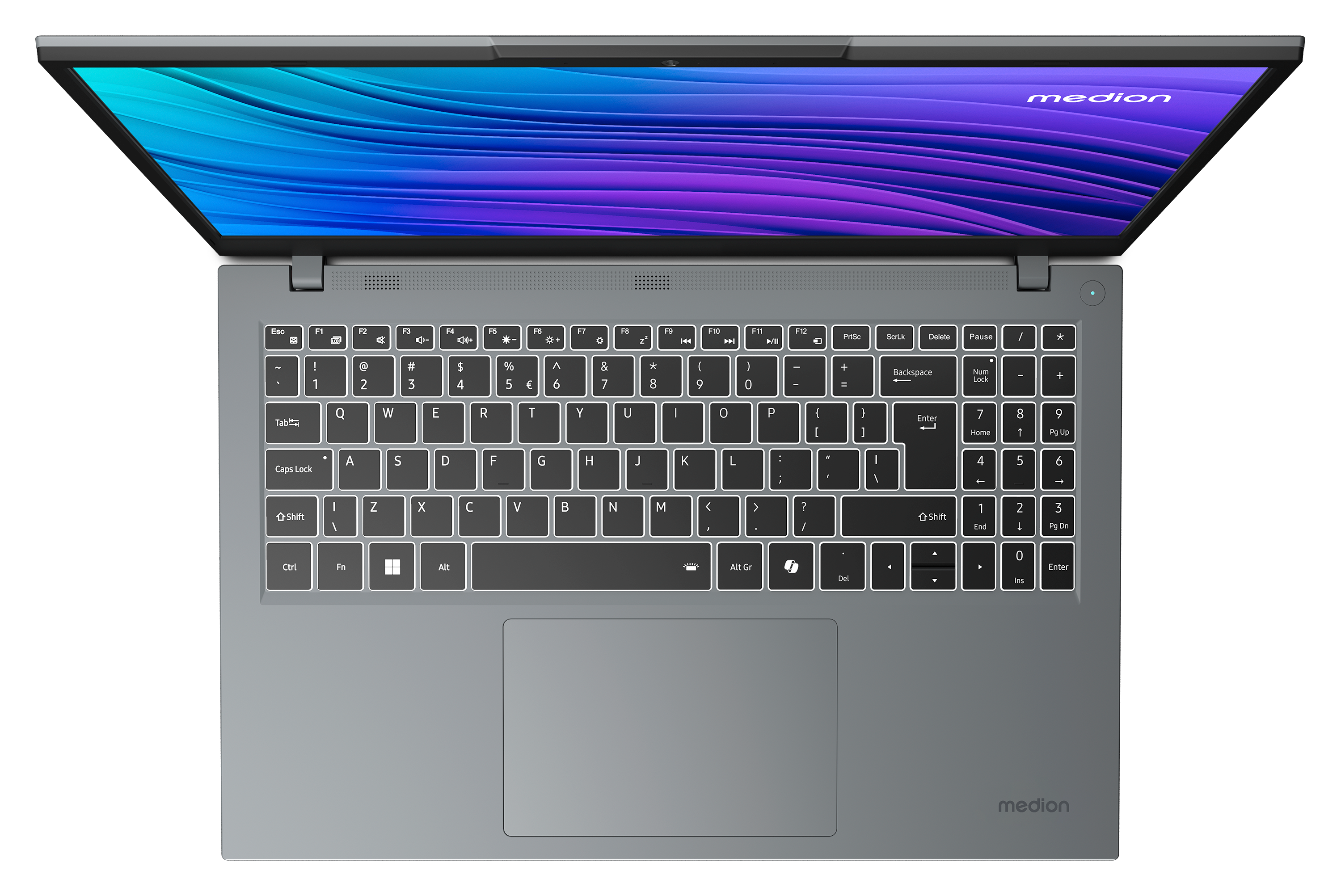 Een open, grijze Medion laptop met een blauw-paars schermachtergrond.