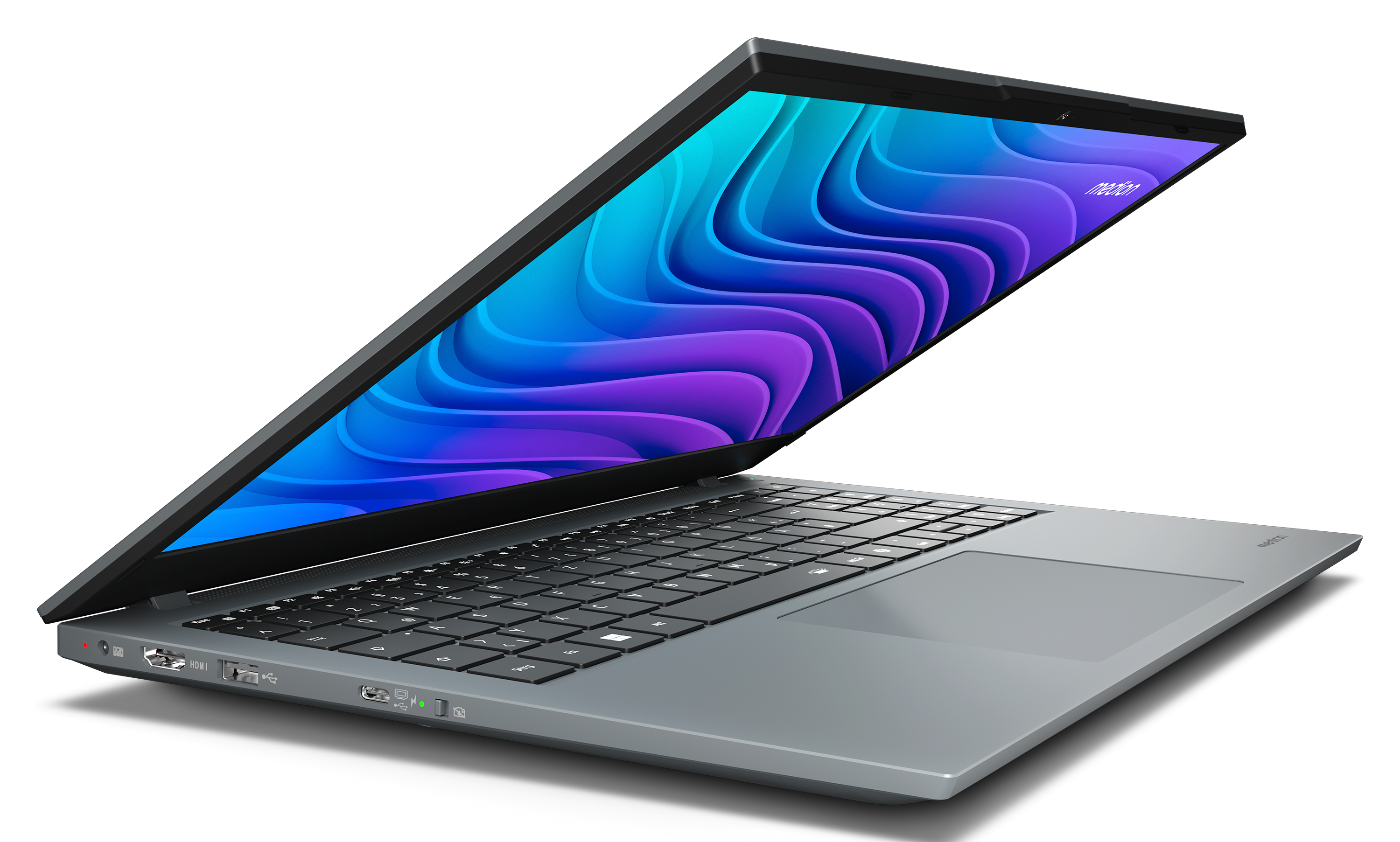 Een open grijze laptop met een abstracte blauwe en paarse achtergrond.