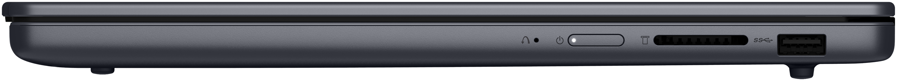 Zijaanzicht van een donkere laptop met poorten: koptelefoon, USB en SD-kaart.
