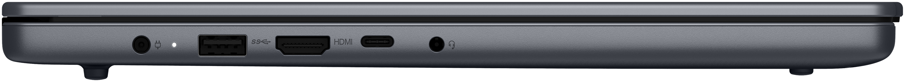 Zijaanzicht van een donkere laptop met poorten: stroom, USB-A, HDMI, USB-C, koptelefoon.