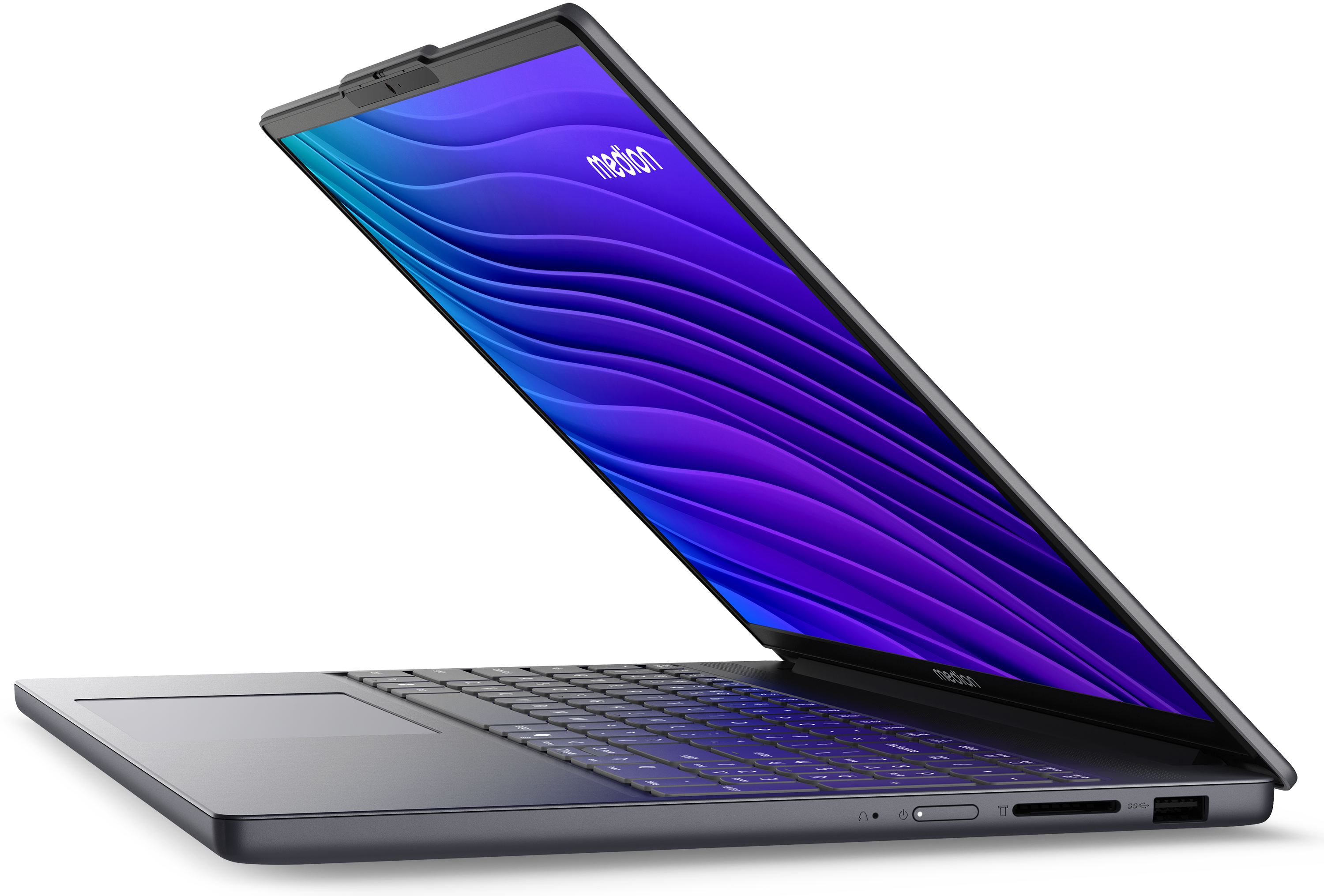 Een open laptop met een abstracte blauwe en paarse achtergrond.