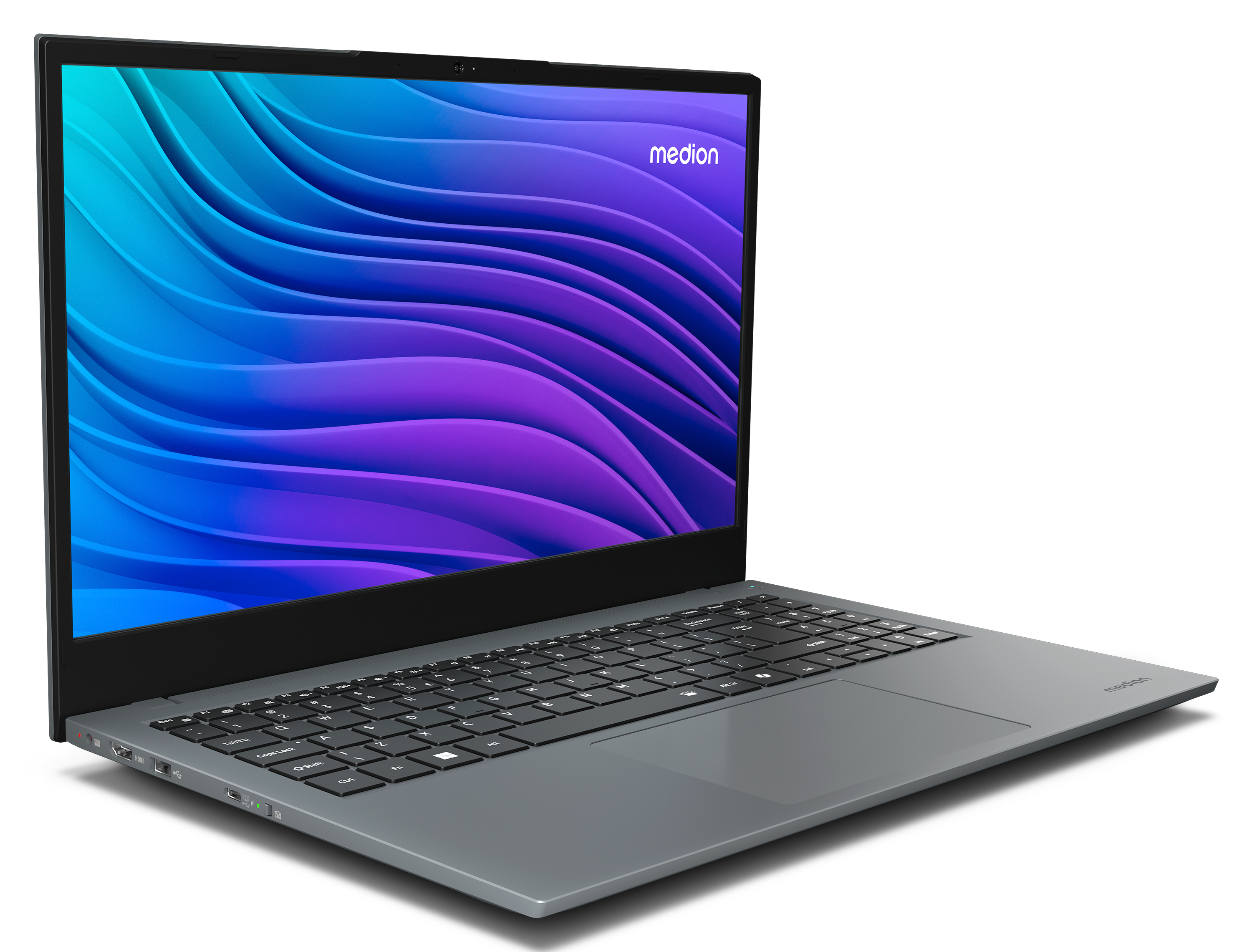 Een grijze Medion laptop met een blauw en paars golvend abstract behang.