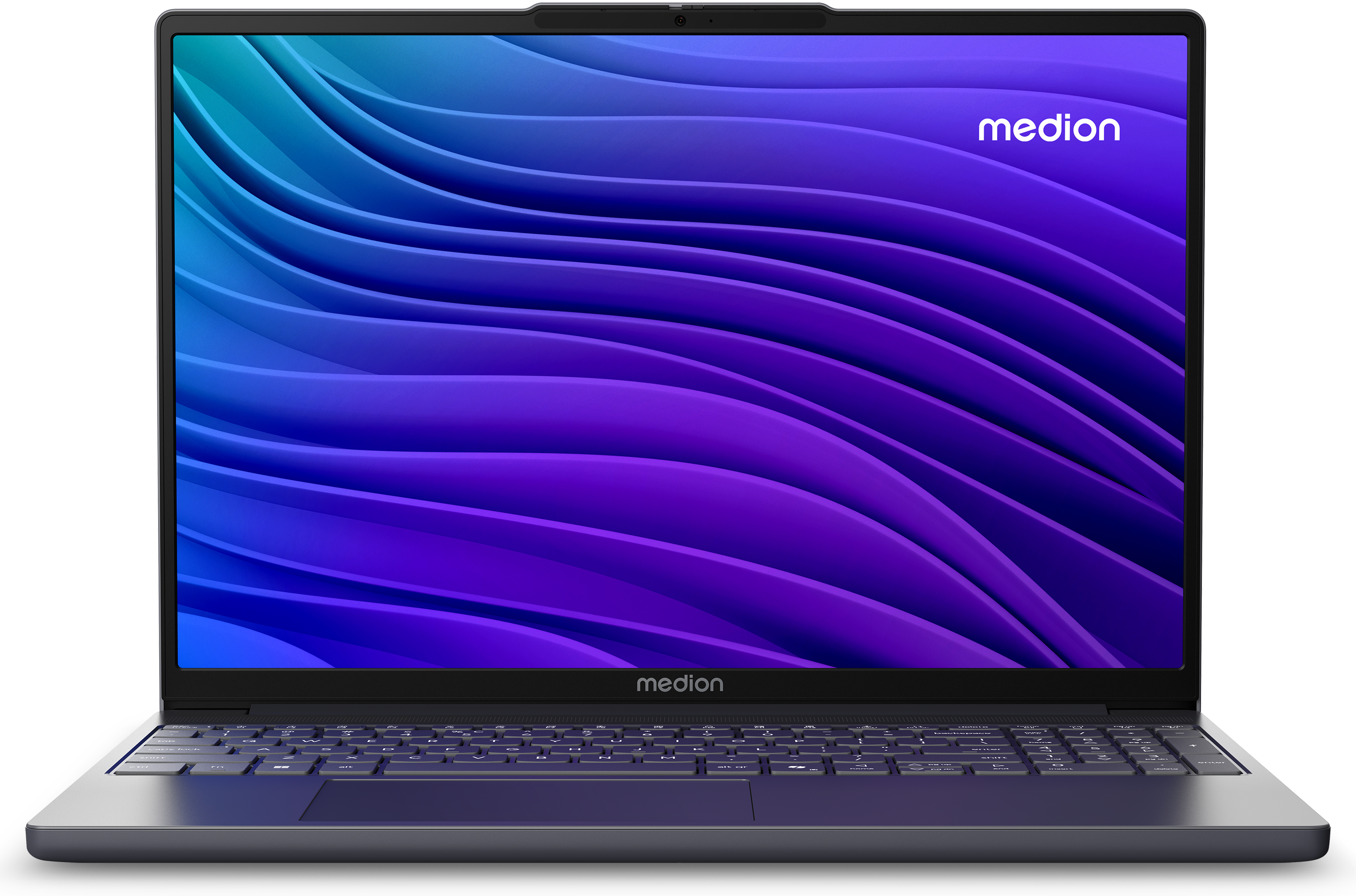 Een open laptop met Medion-logo op het scherm en een toetsenbord.