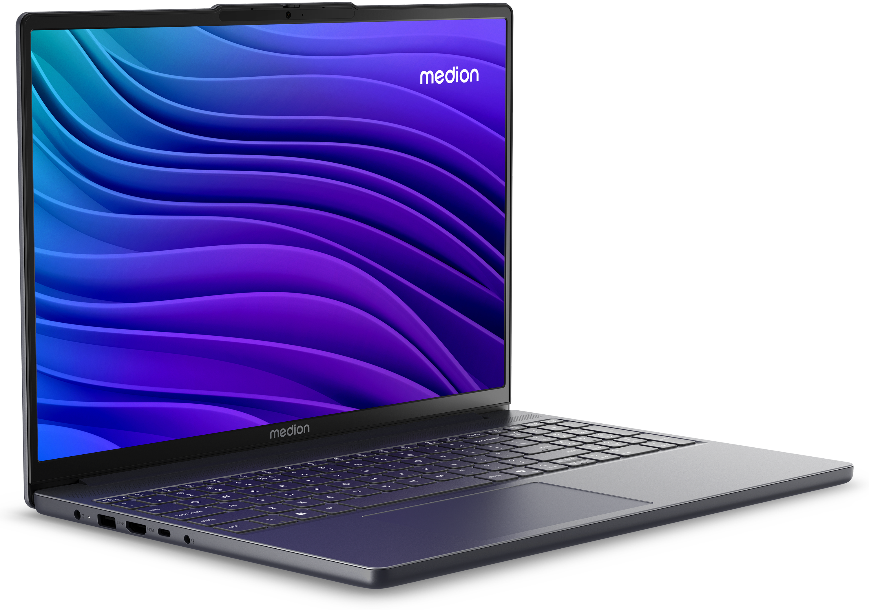 Een open laptop met een blauw-paarse golvende achtergrondafbeelding. Toetsenbord en touchpad zichtbaar.