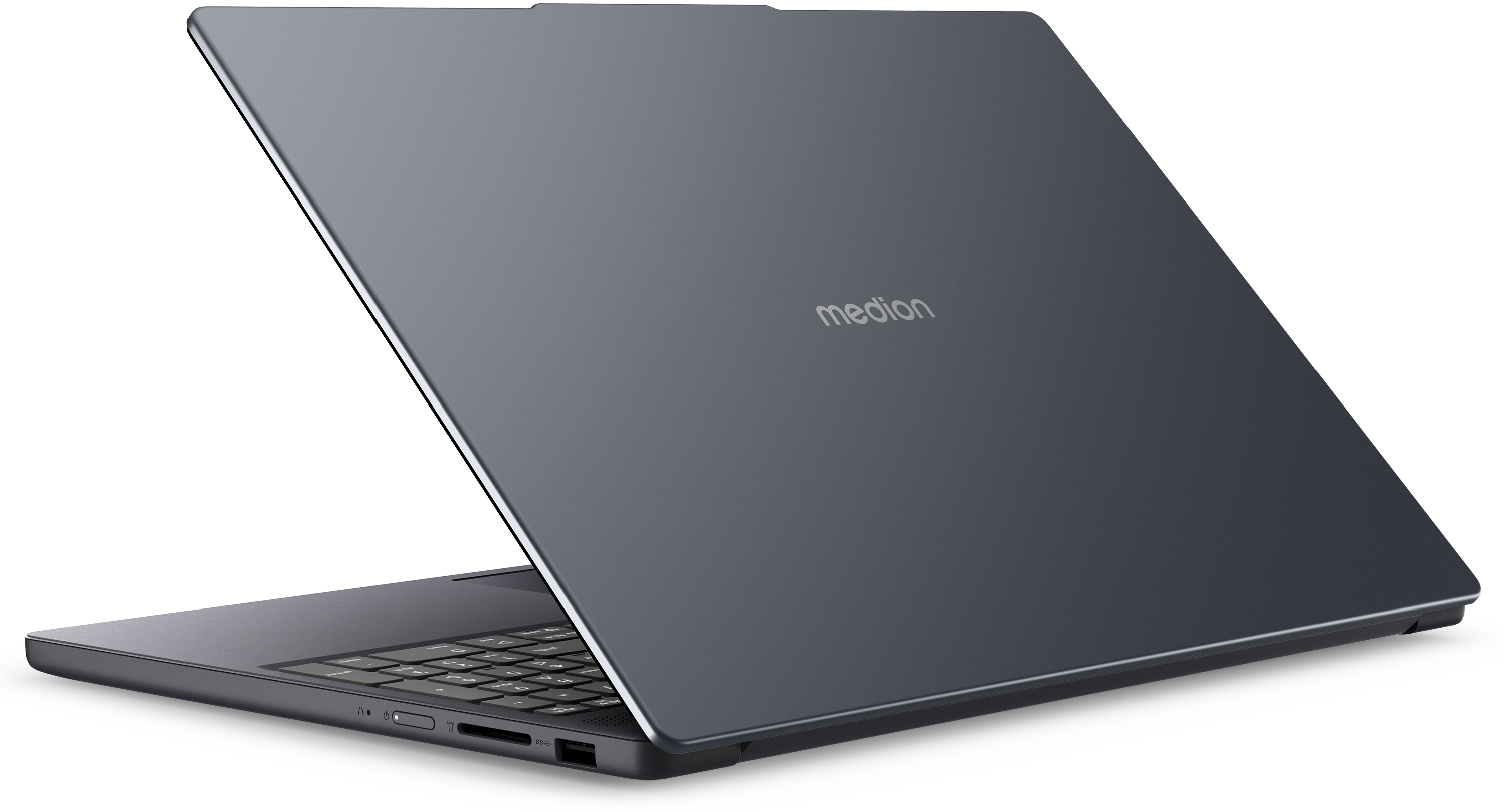 Een gesloten, donkere laptop met het Medion-logo op de deksel.