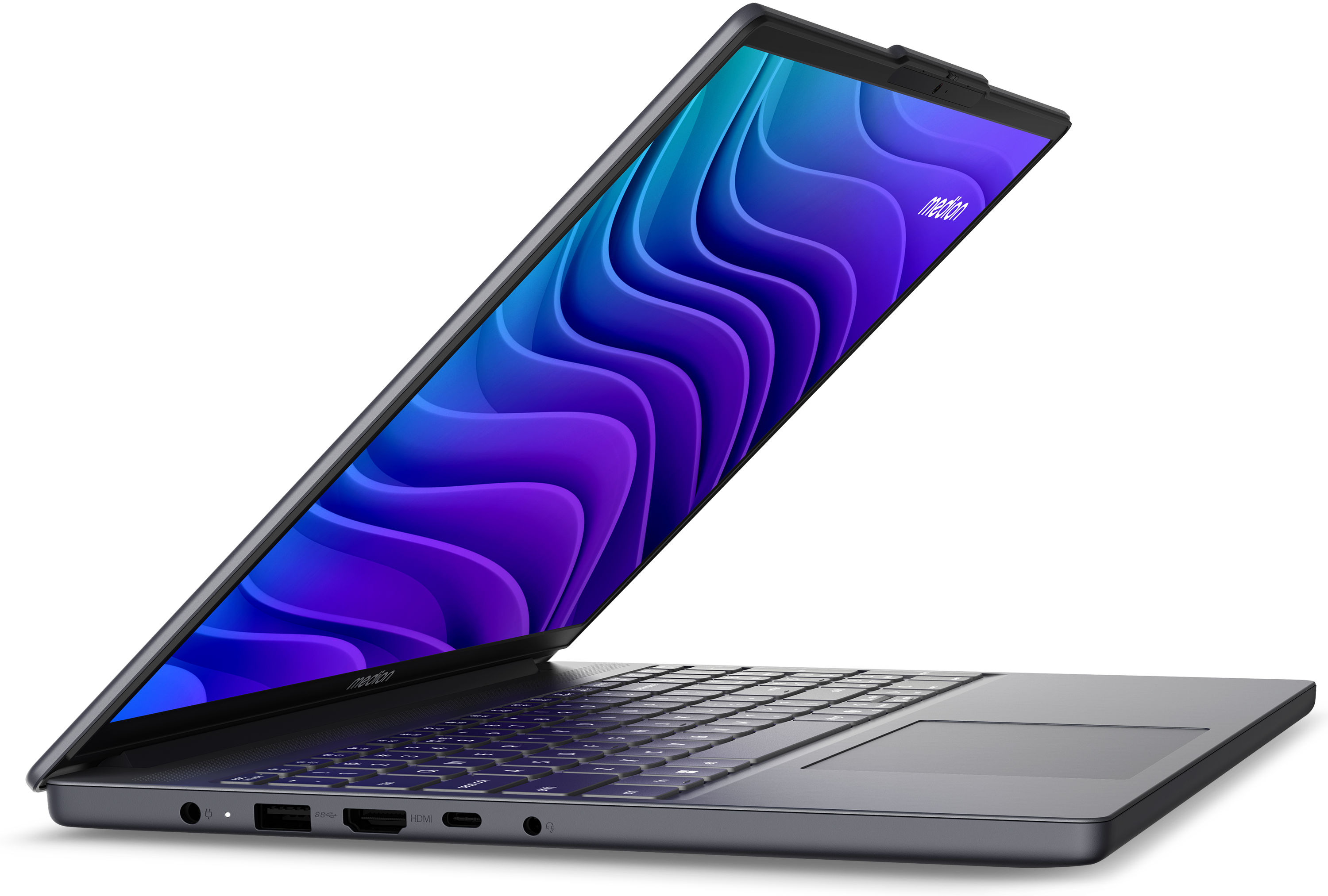Een geopende laptop toont een dynamische, golvende achtergrond op het scherm.
