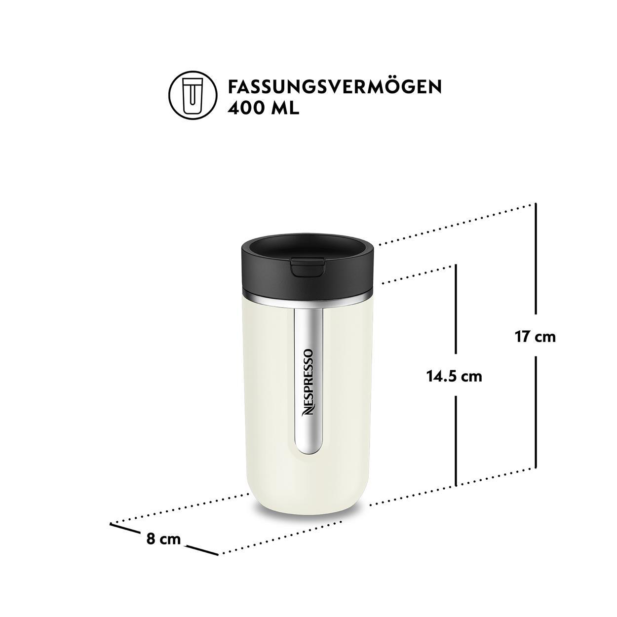 Weiße Nespresso Thermotasse mit schwarzem Deckel und Maßen.