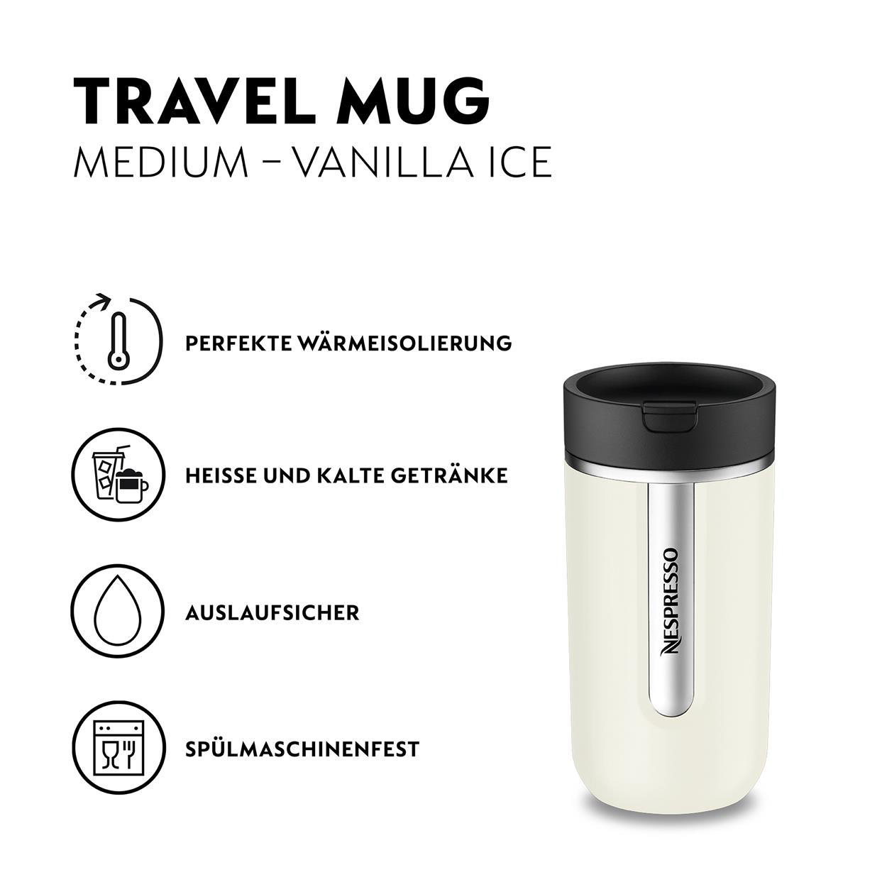 Ein beiger Nespresso Reisebecher mit schwarzem Deckel. Text beschreibt Isolierung.