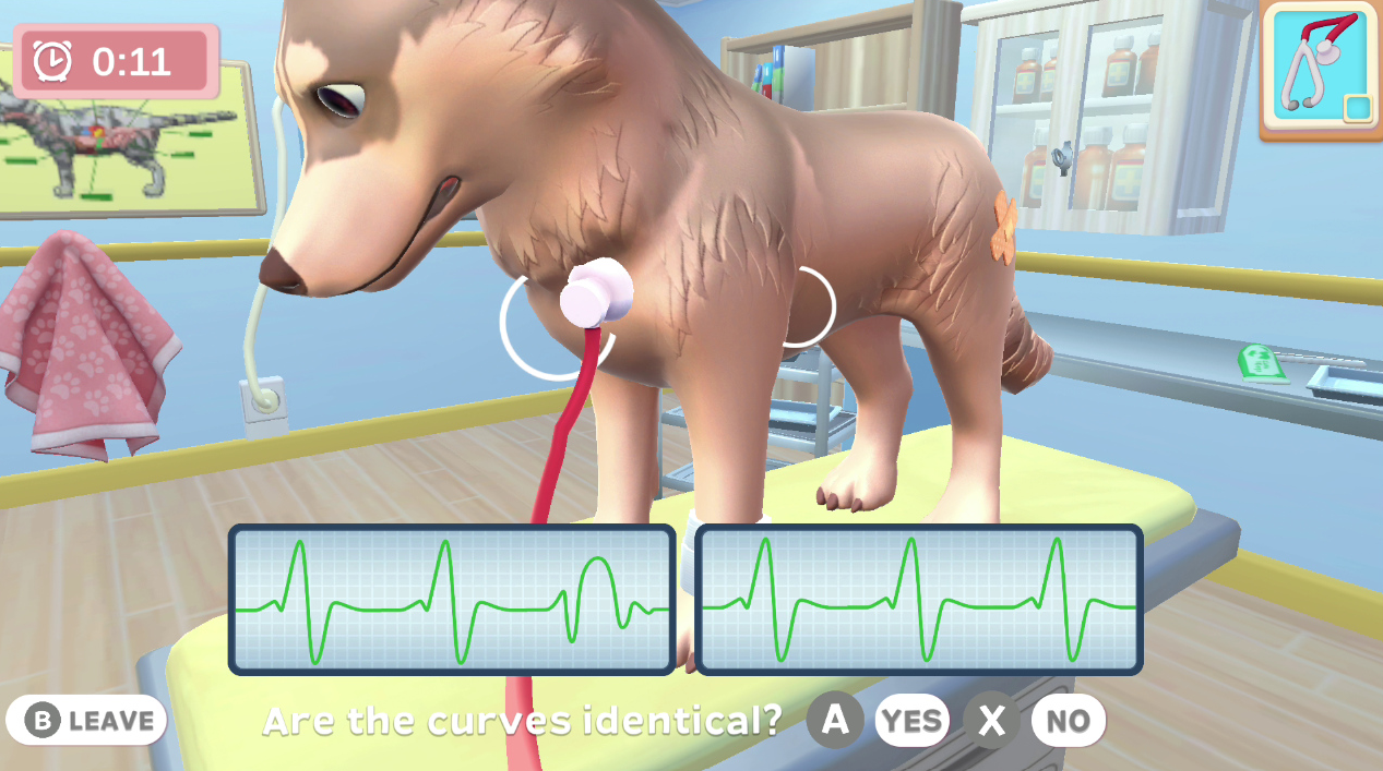 Ein Hund wird im Veterinärlabor untersucht, mit EKG-Kurven.