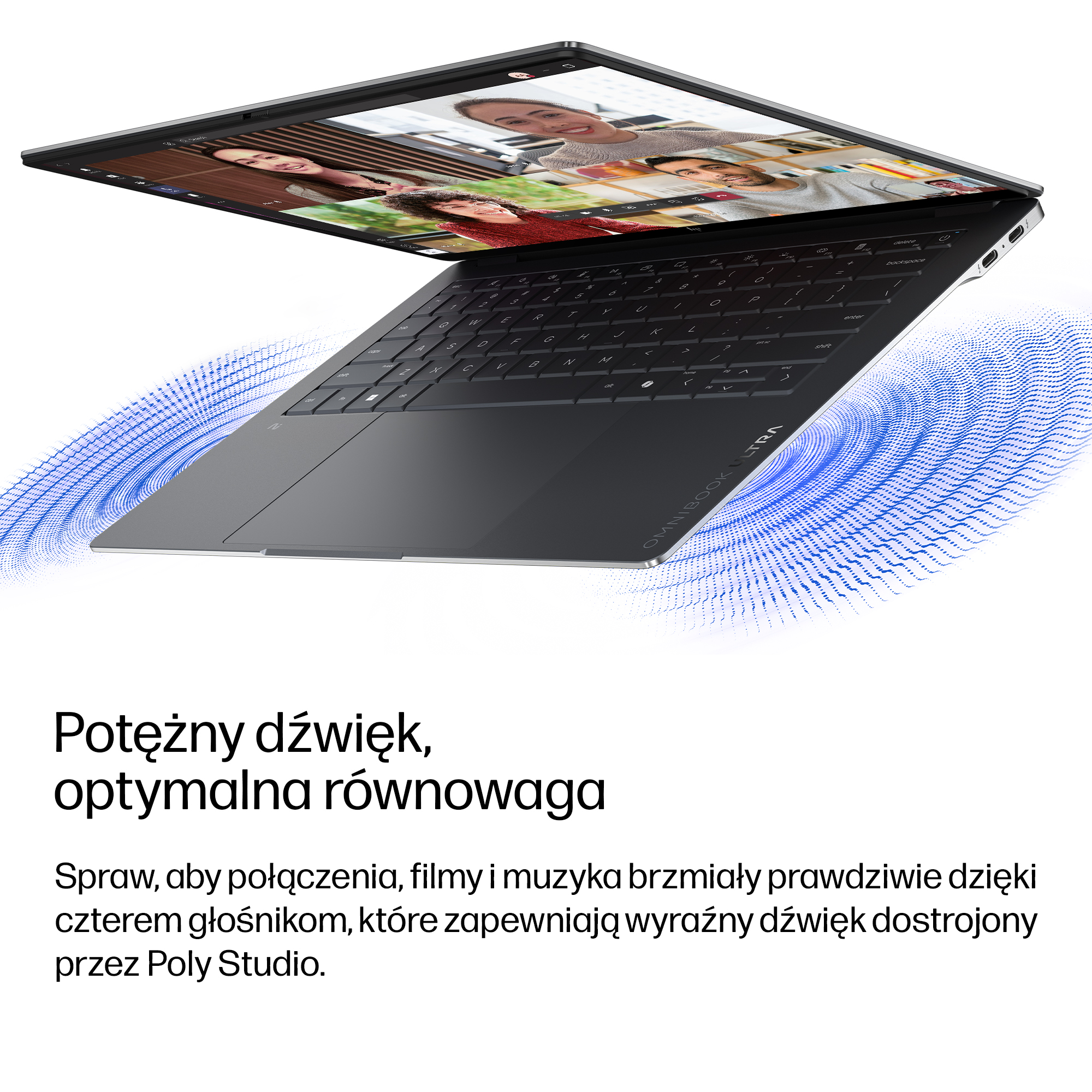Otwarty laptop pokazuje rozmowę wideo z czterema osobami. Niebieskie fale dźwiękowe.