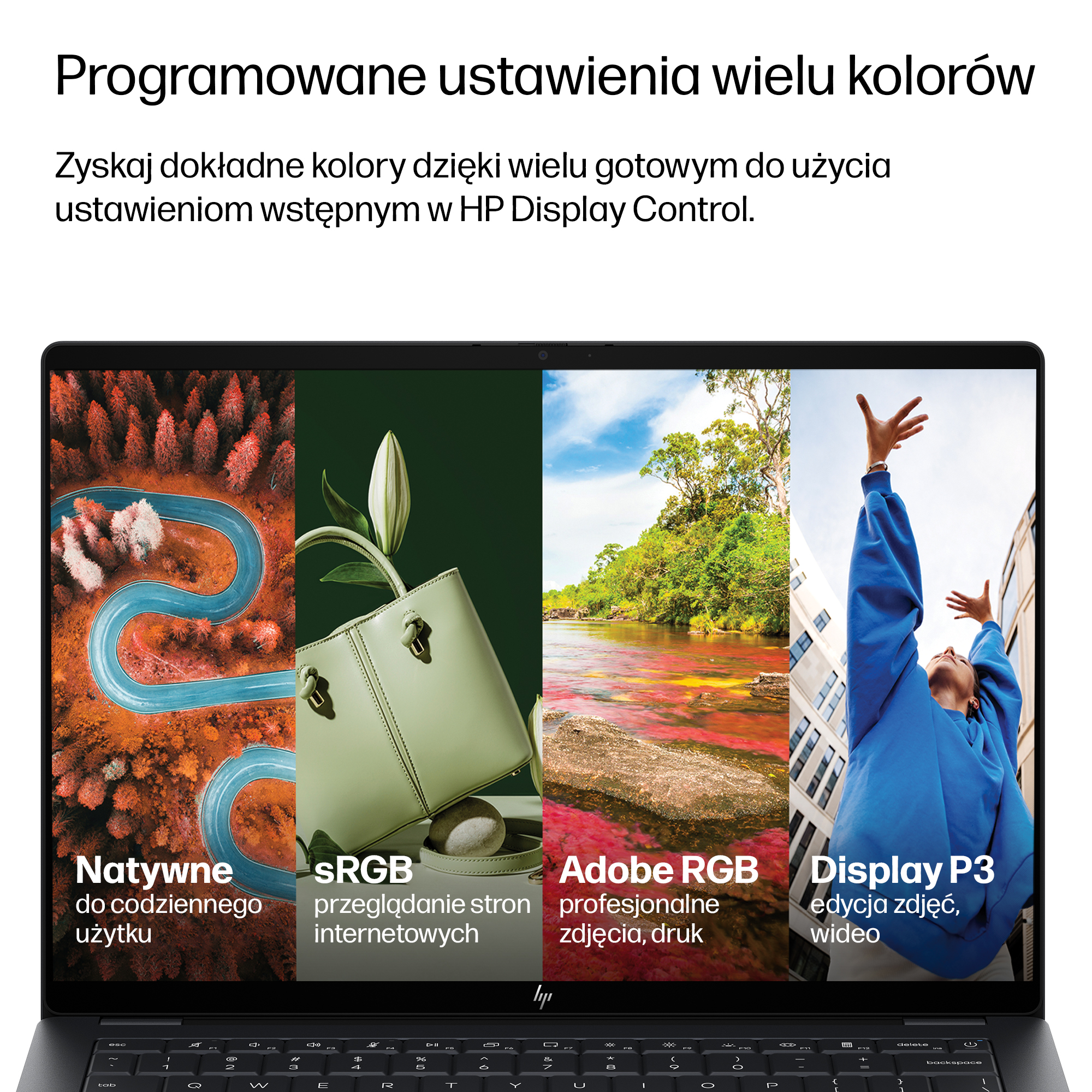 Laptop wyświetla cztery profile kolorów: droga w lesie, torebka, krajobraz rzeki, osoba.