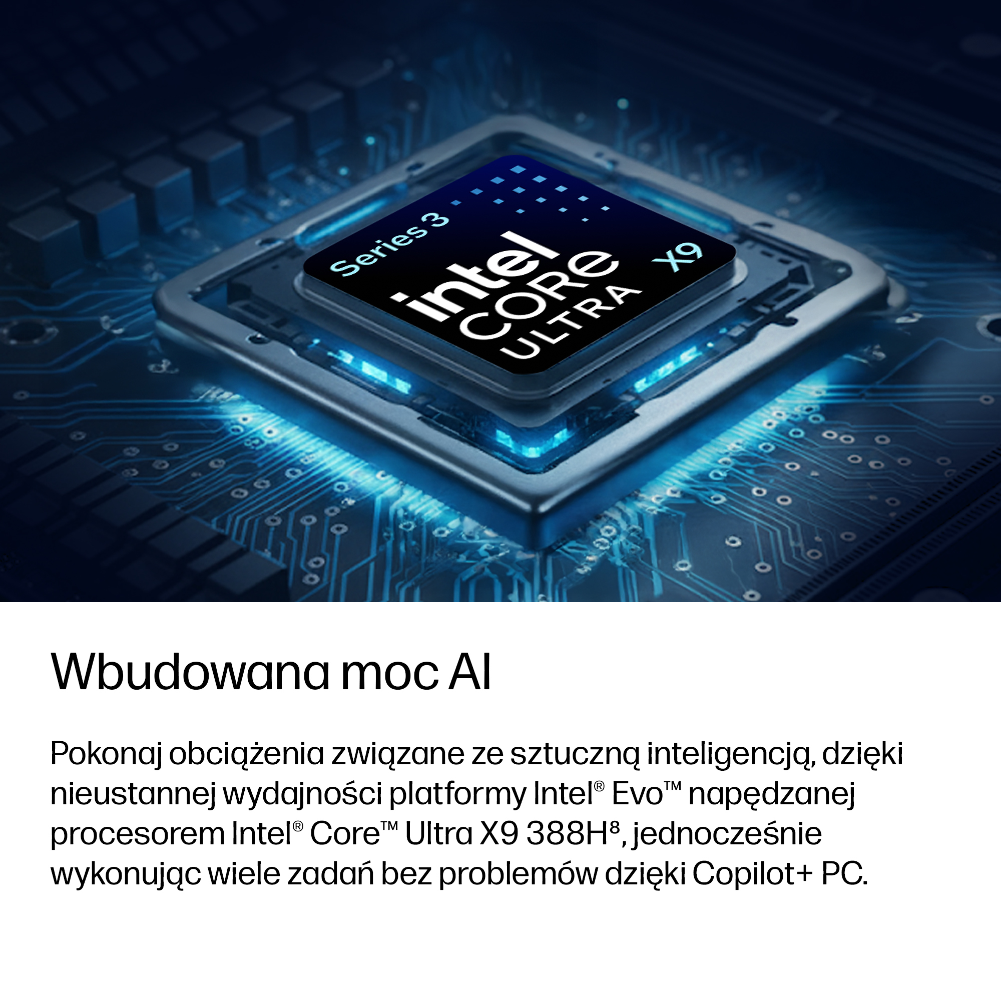 Procesor Intel Core Ultra X9 na płycie obwodów z niebieskimi akcentami LED.