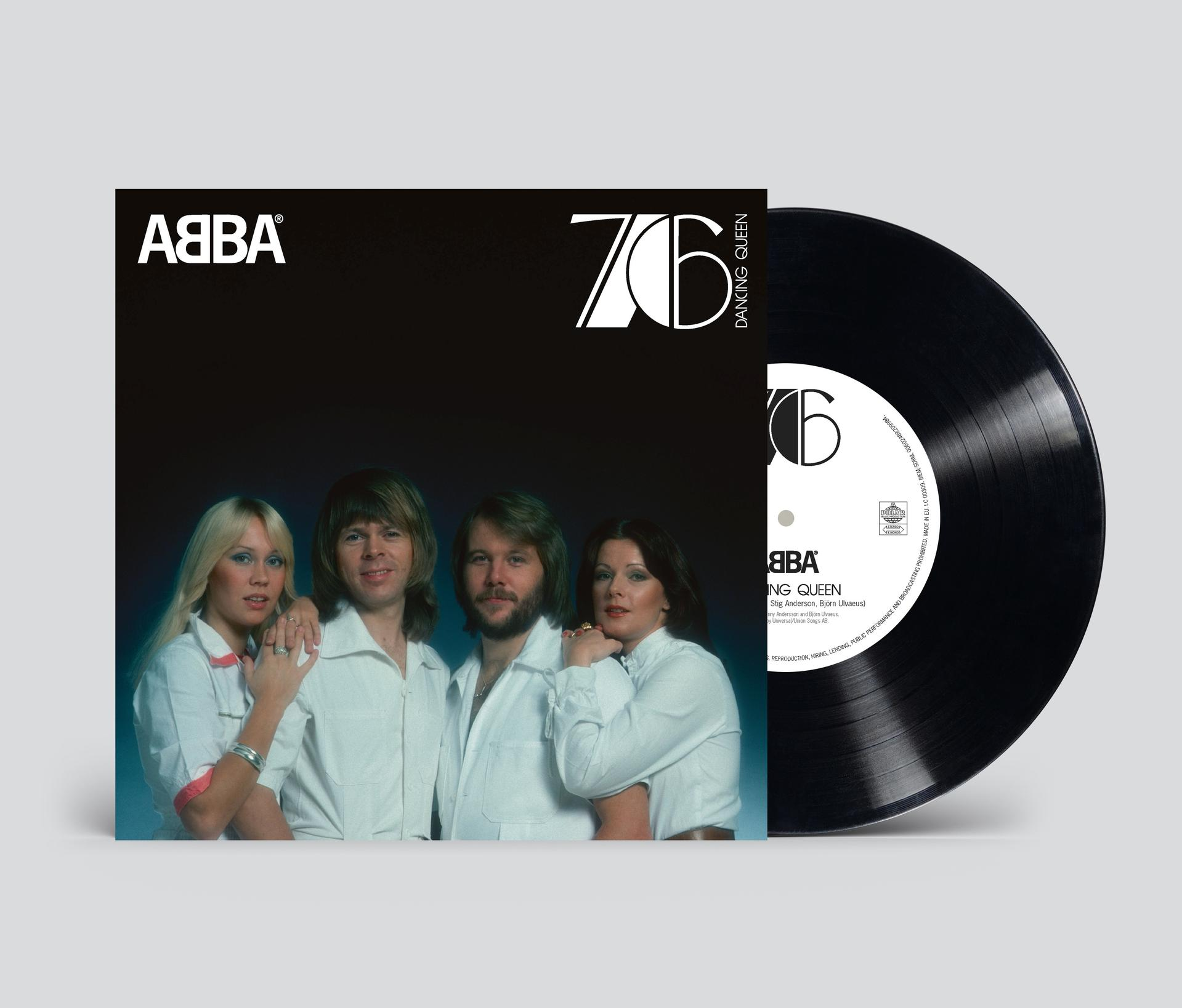 ABBA auf einem Albumcover und einer Schallplatte mit dem Titel 'Dancing Queen'.