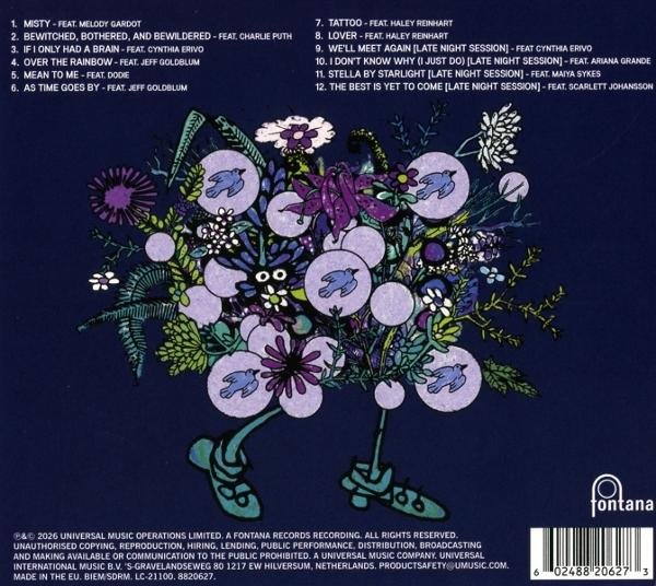 Eine Illustration einer Blumenkomposition mit stilisierten Vögeln und Kreisen auf dunkelblauem Hintergrund.