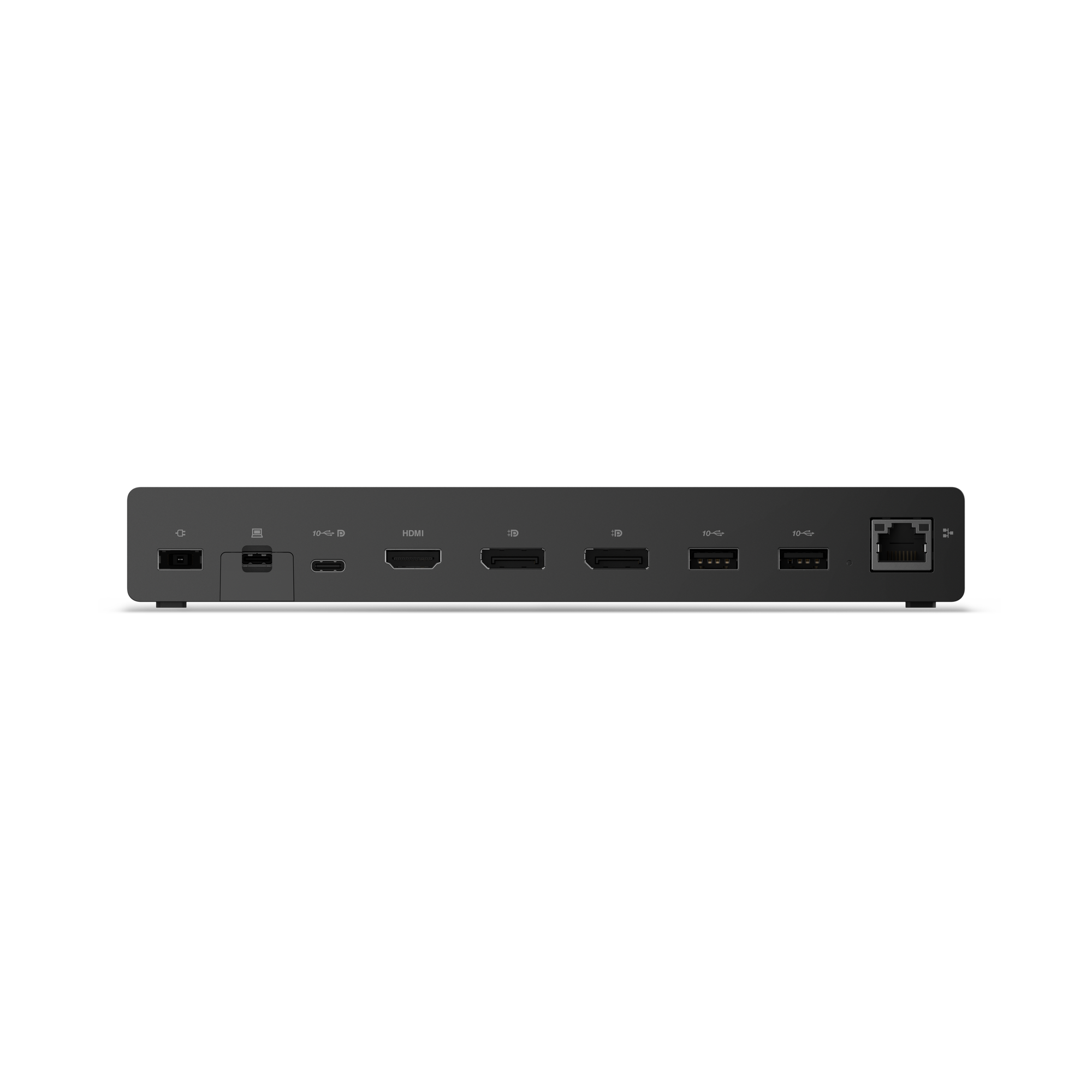 Hub de conexión negro con puertos USB, HDMI, Ethernet y de alimentación.