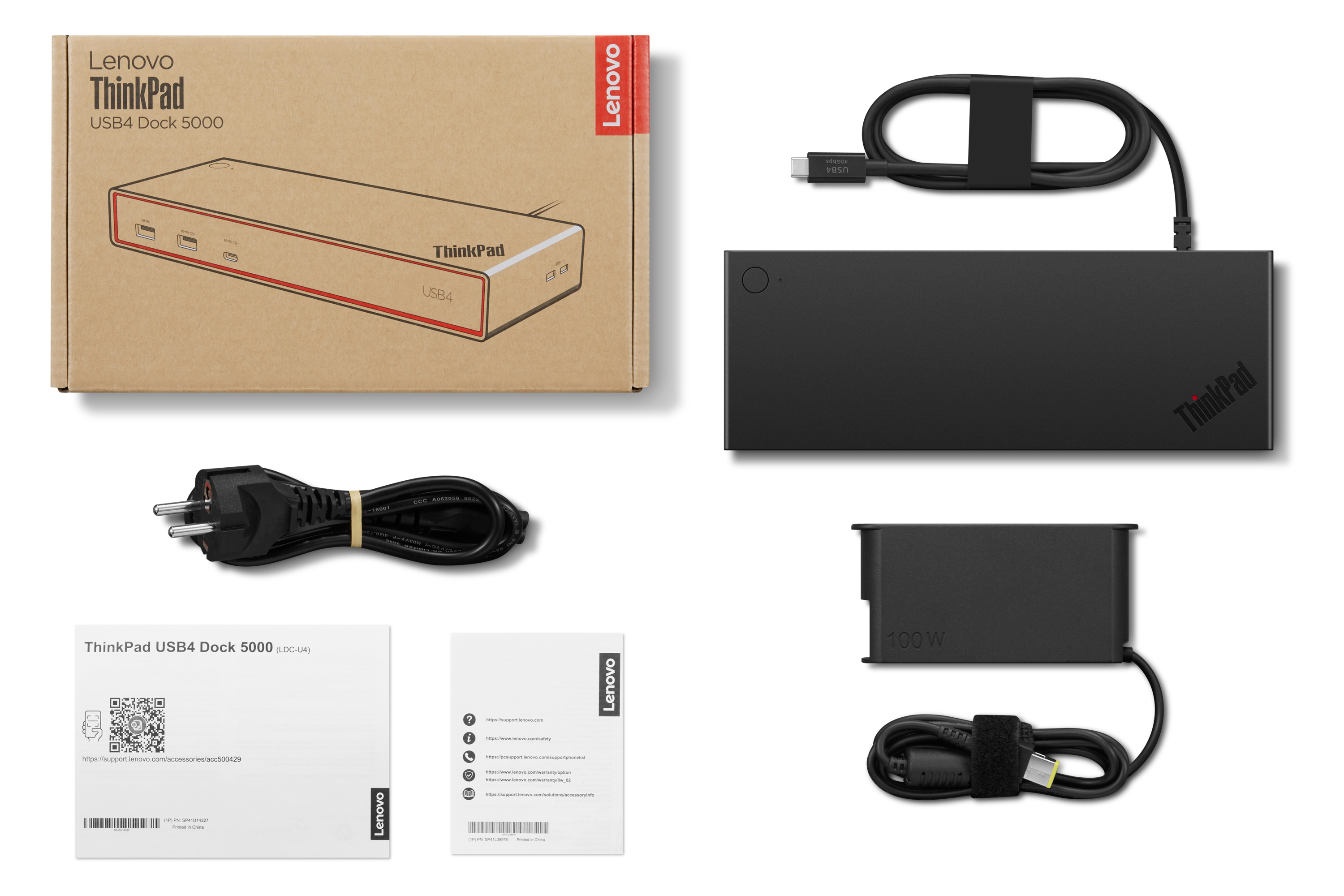 Lenovo ThinkPad USB4 Dock 5000, adaptador de corriente, cable y embalaje.