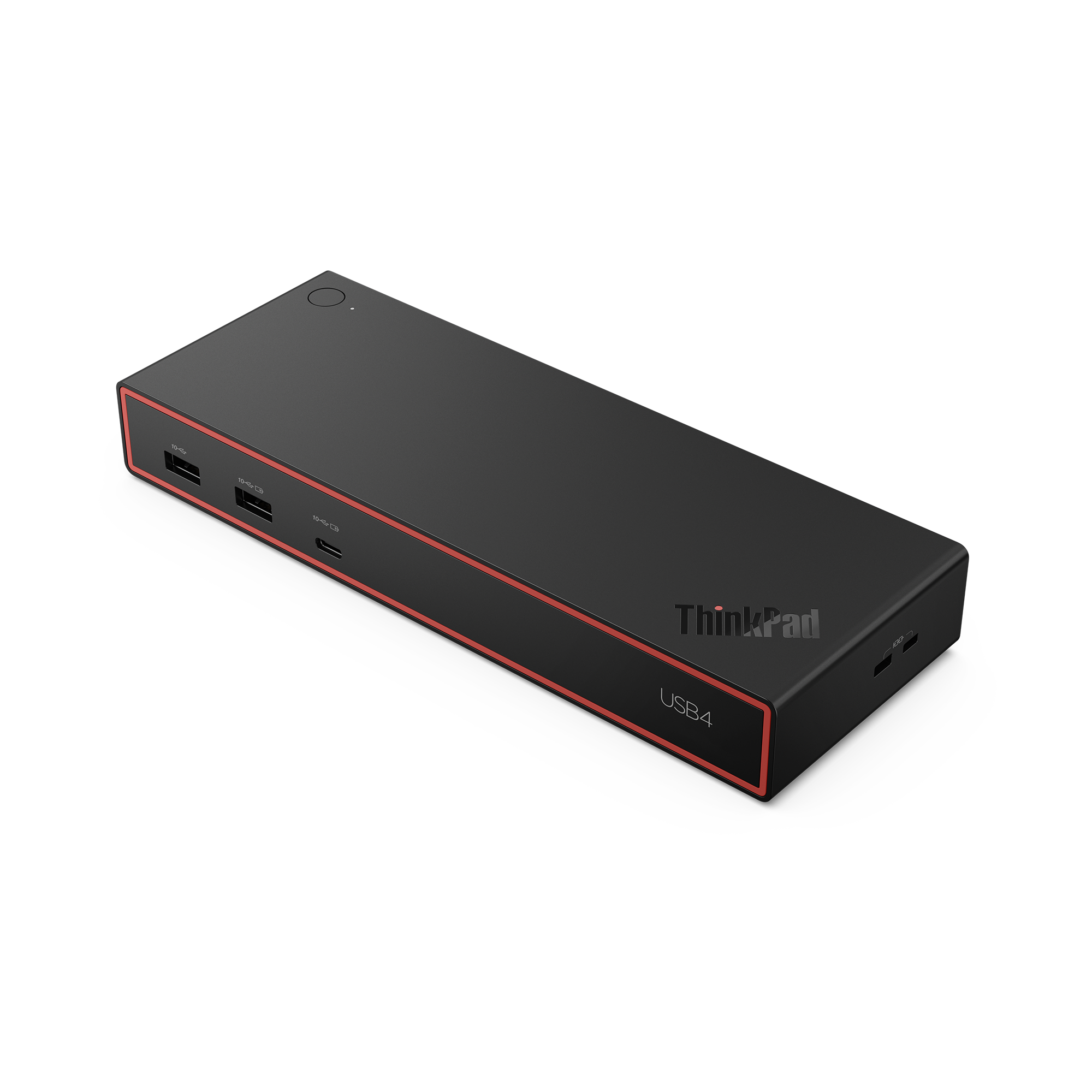 Base USB4 ThinkPad negra con borde rojo y múltiples puertos.