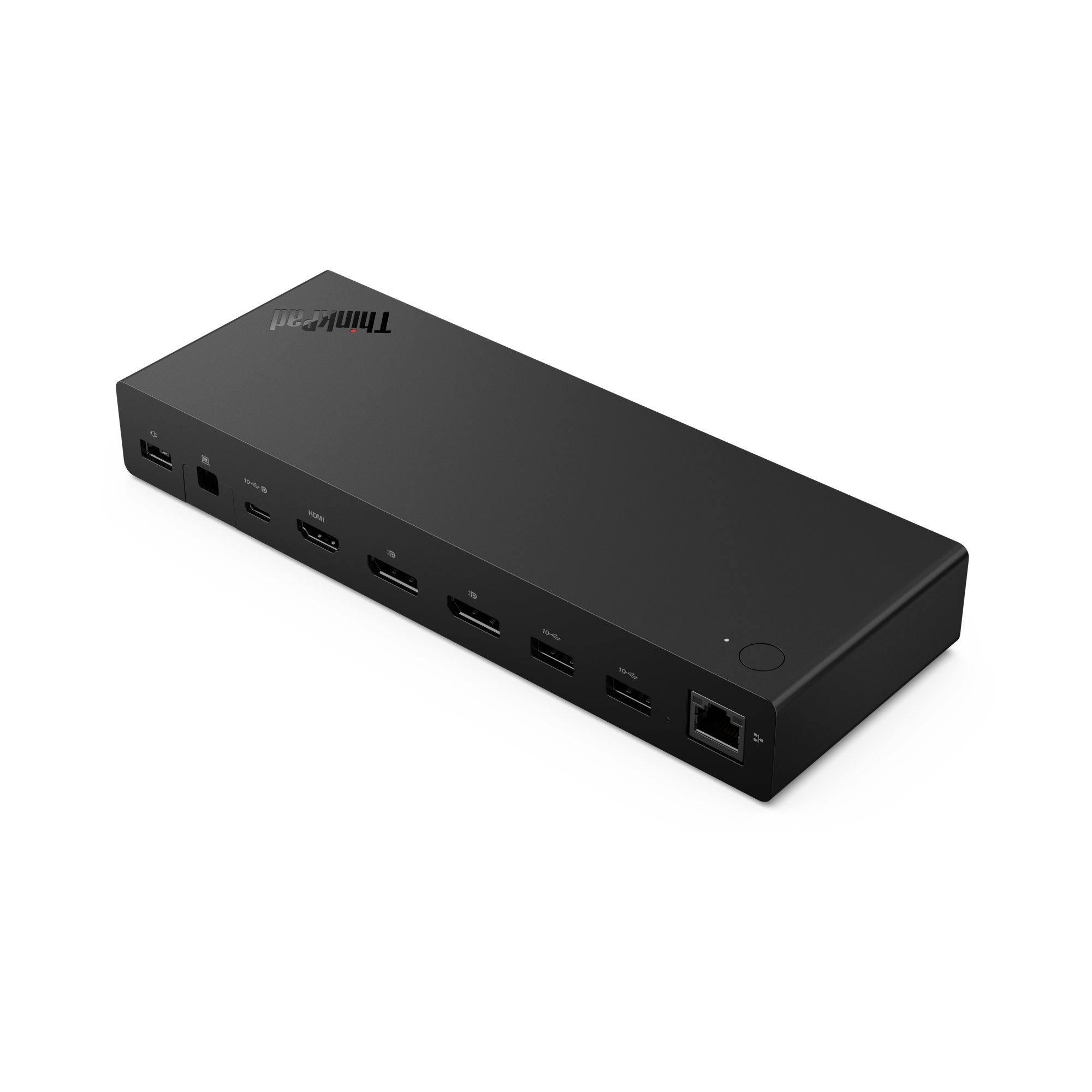 Estación de acoplamiento ThinkPad negra con puertos USB, HDMI y Ethernet.