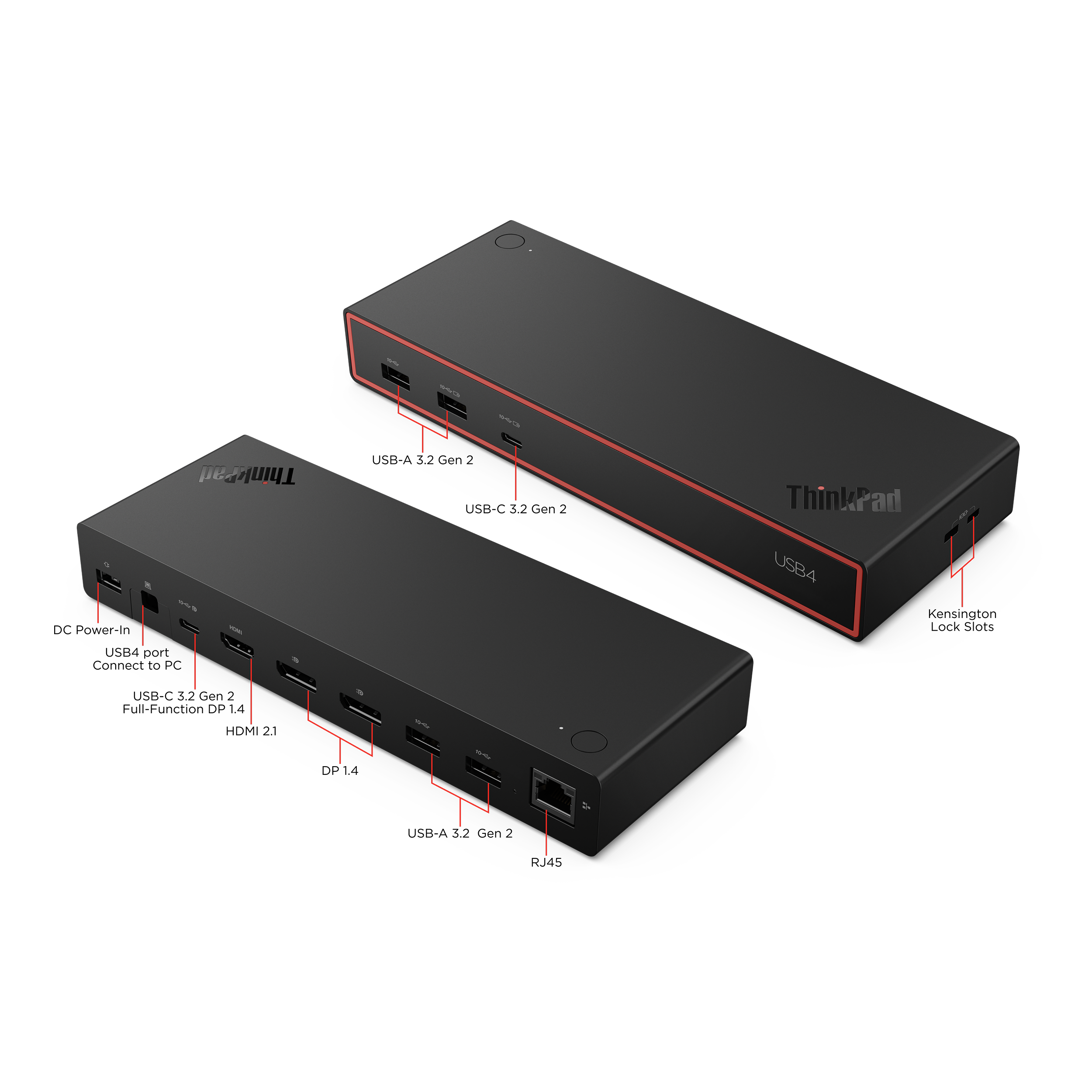 Dos estaciones de acoplamiento ThinkPad USB4 negras con acentos rojos, llenas de puertos.