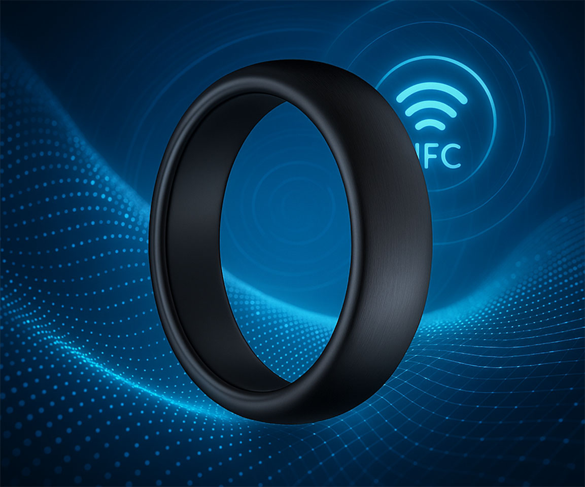 Fekete NFC gyűrű kék háttéren hullám- és pöttyös mintával.