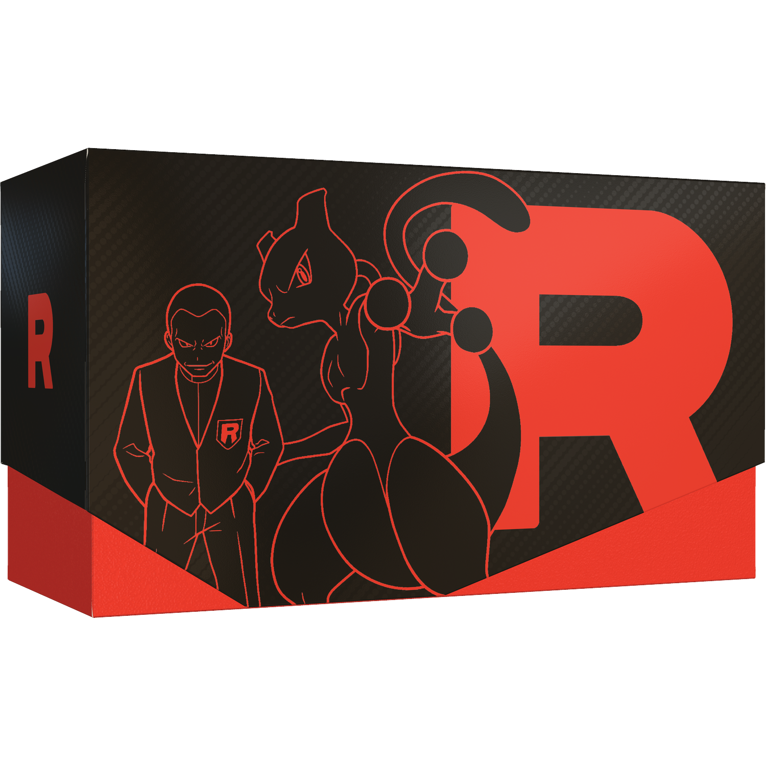 Zwarte doos met rood Team Rocket logo, man en Mewtwo omtrek.