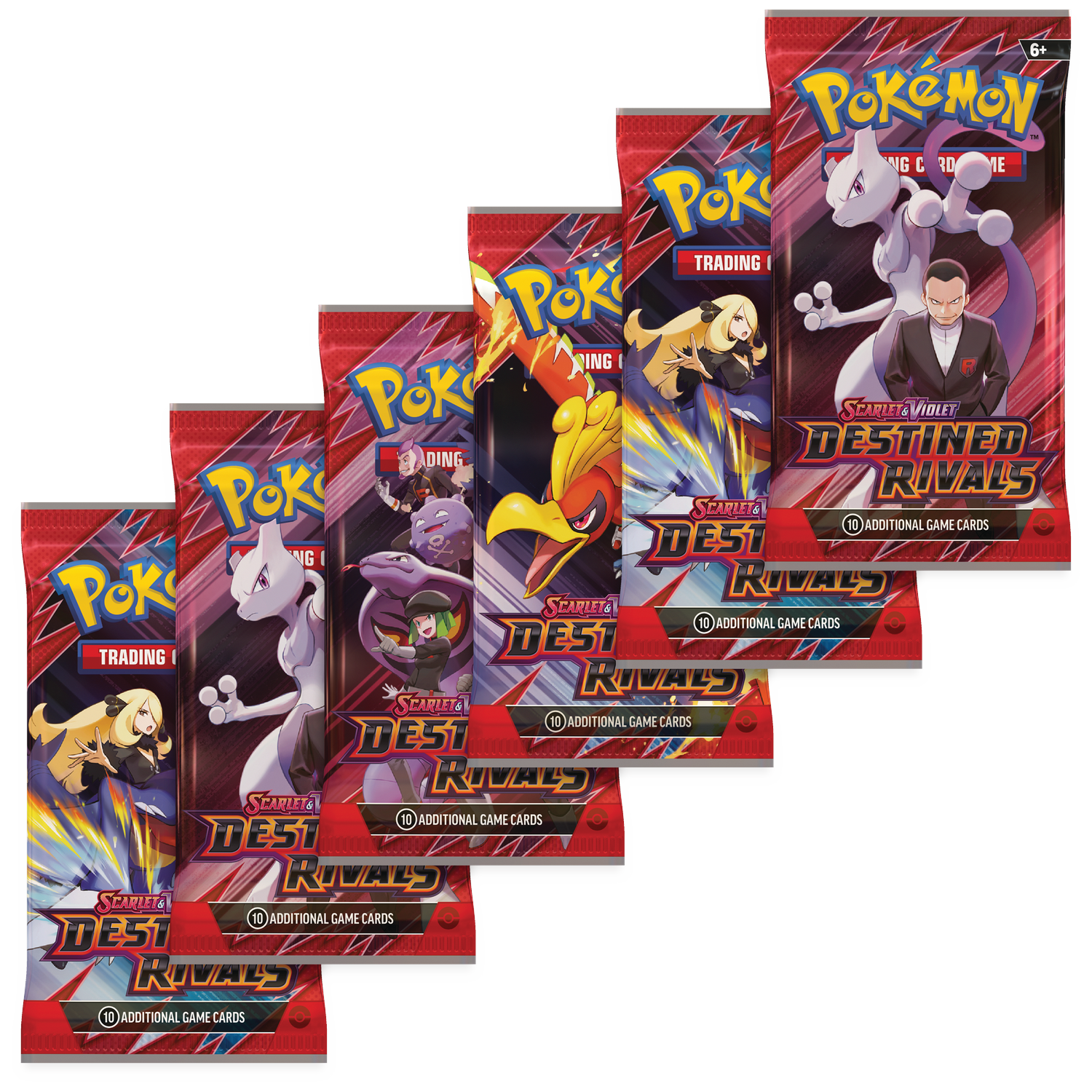 Zes rode Pokémon ruilkaartspellen boosterpacks met diverse personages.