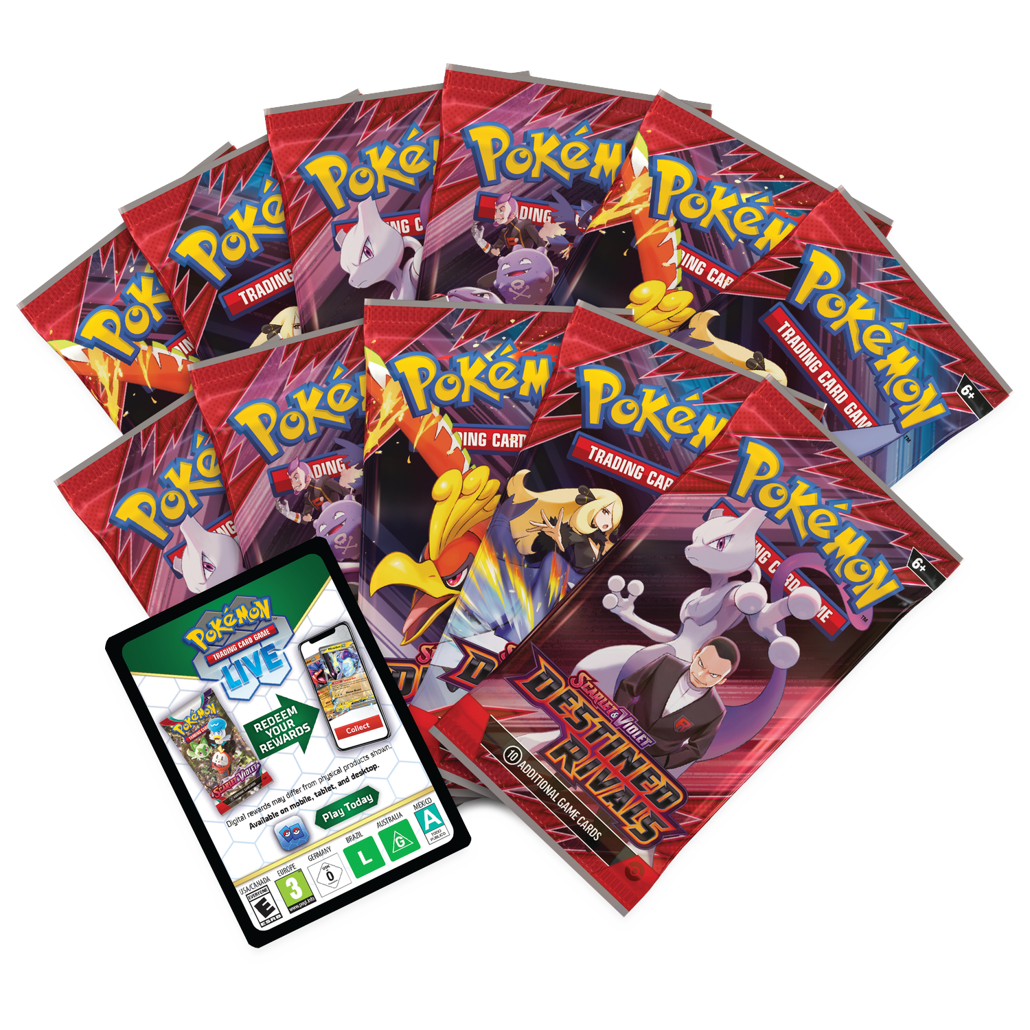 Meerdere Pokémon-verzamelkaartenpakketten liggen op een ondergrond met een tablet.