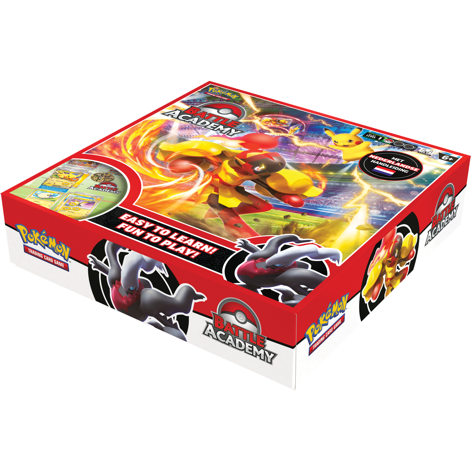Pokemon Battle Academy box with monsters, cards, and Pikachu.