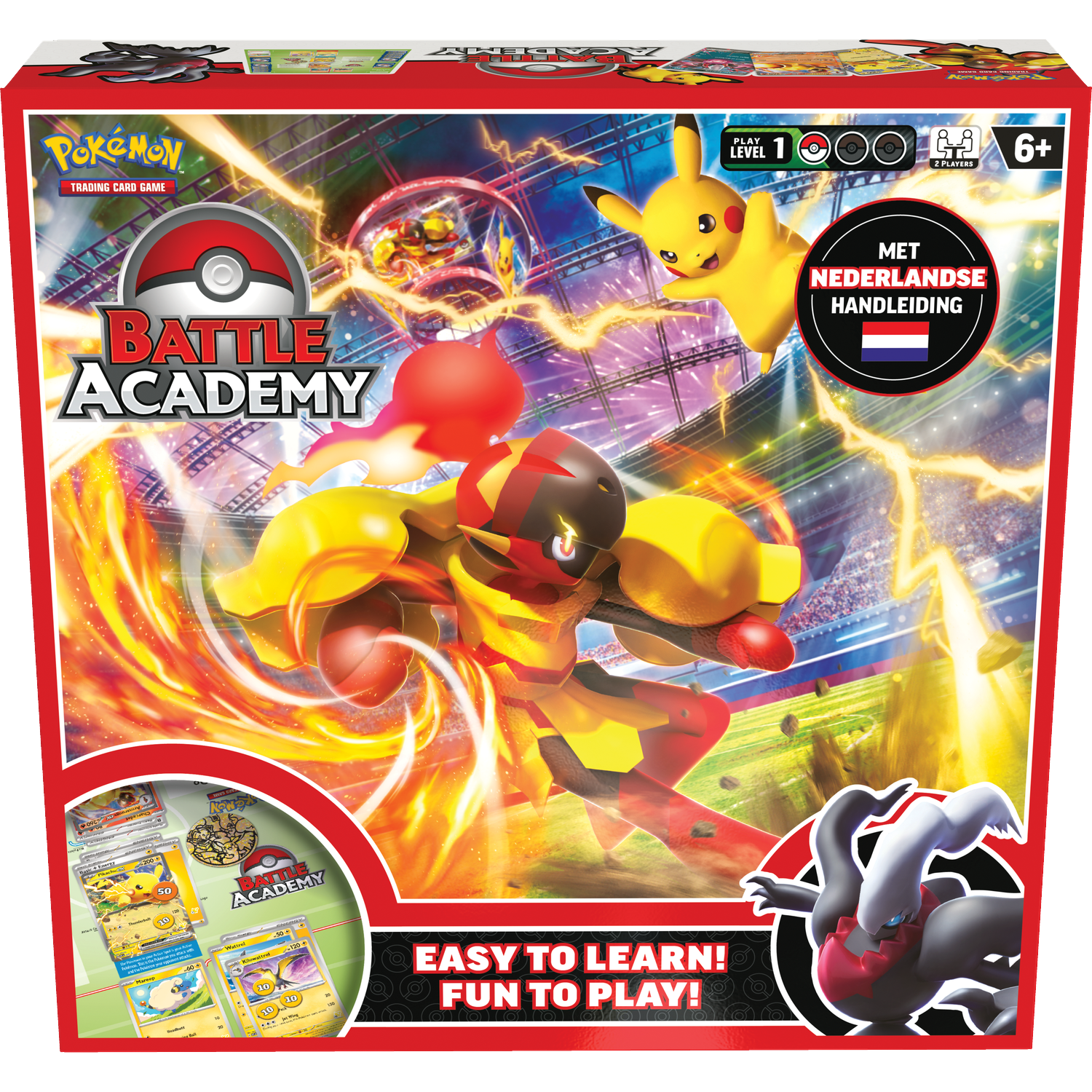 Pokemon Battle Academy box art with Pikachu, Charizard, and Darkrai battling.
