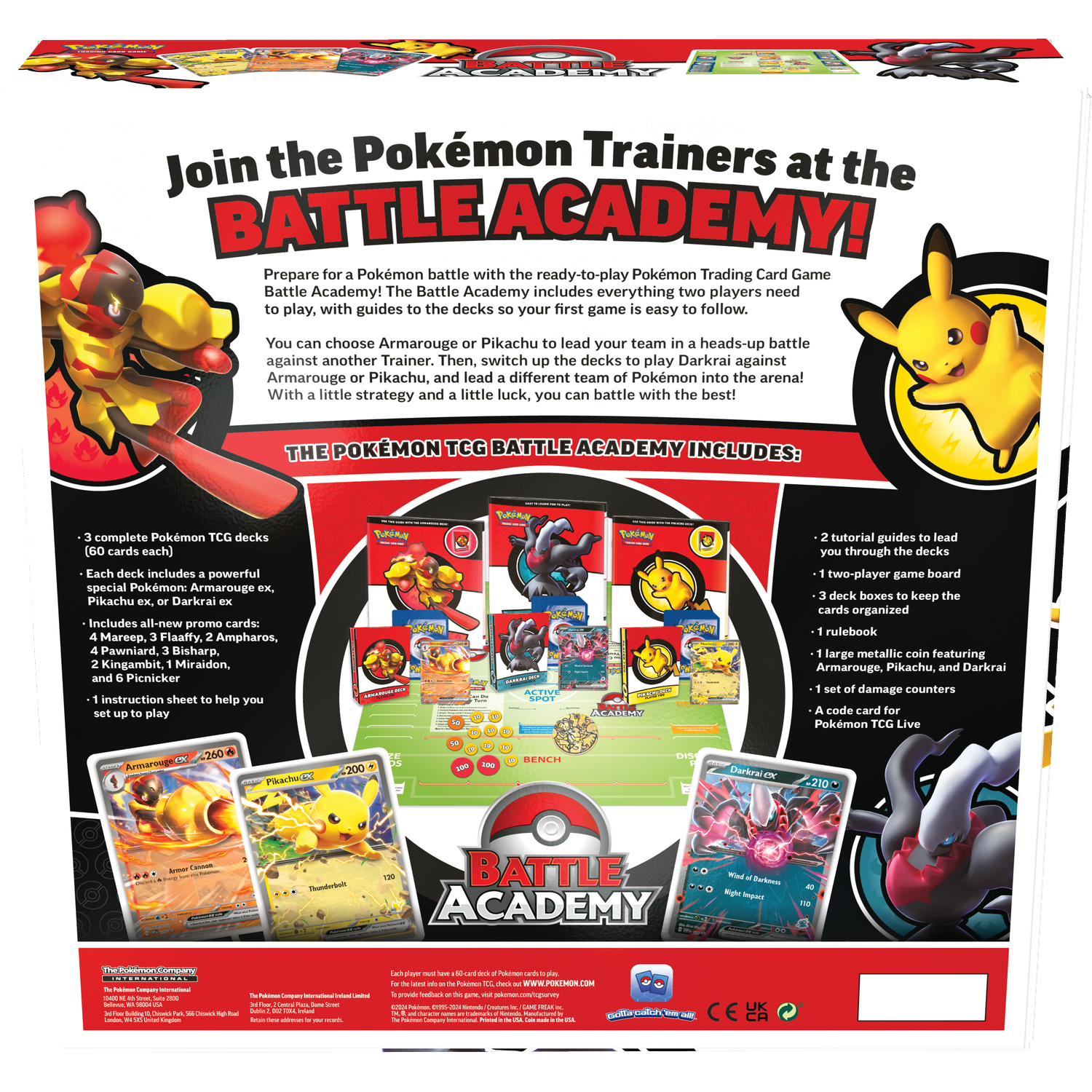 Pokémon TCG Battle Academy Box featuring Armarouge, Pikachu, and Darkrai cards.