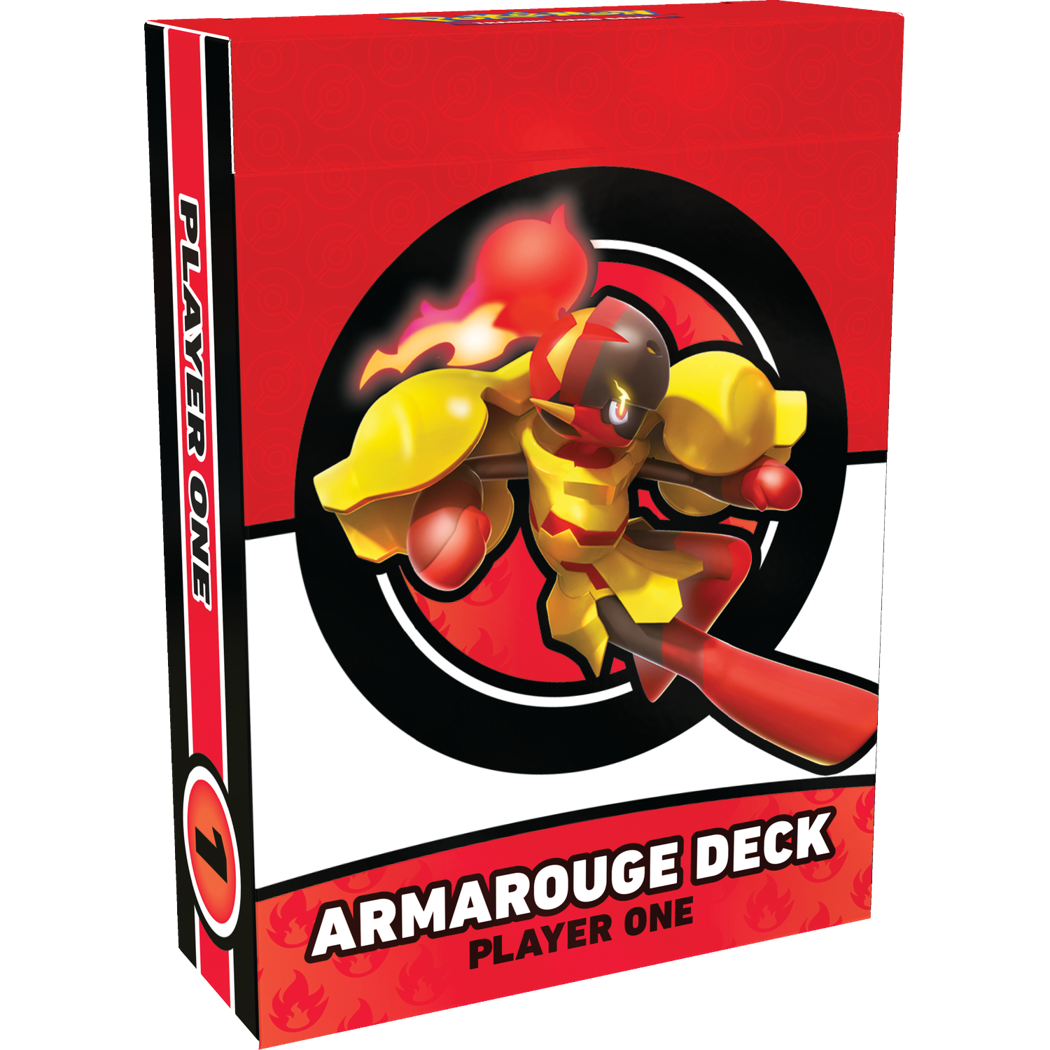 A red Pokémon card box featuring Armarouge, fire, and "Player One".