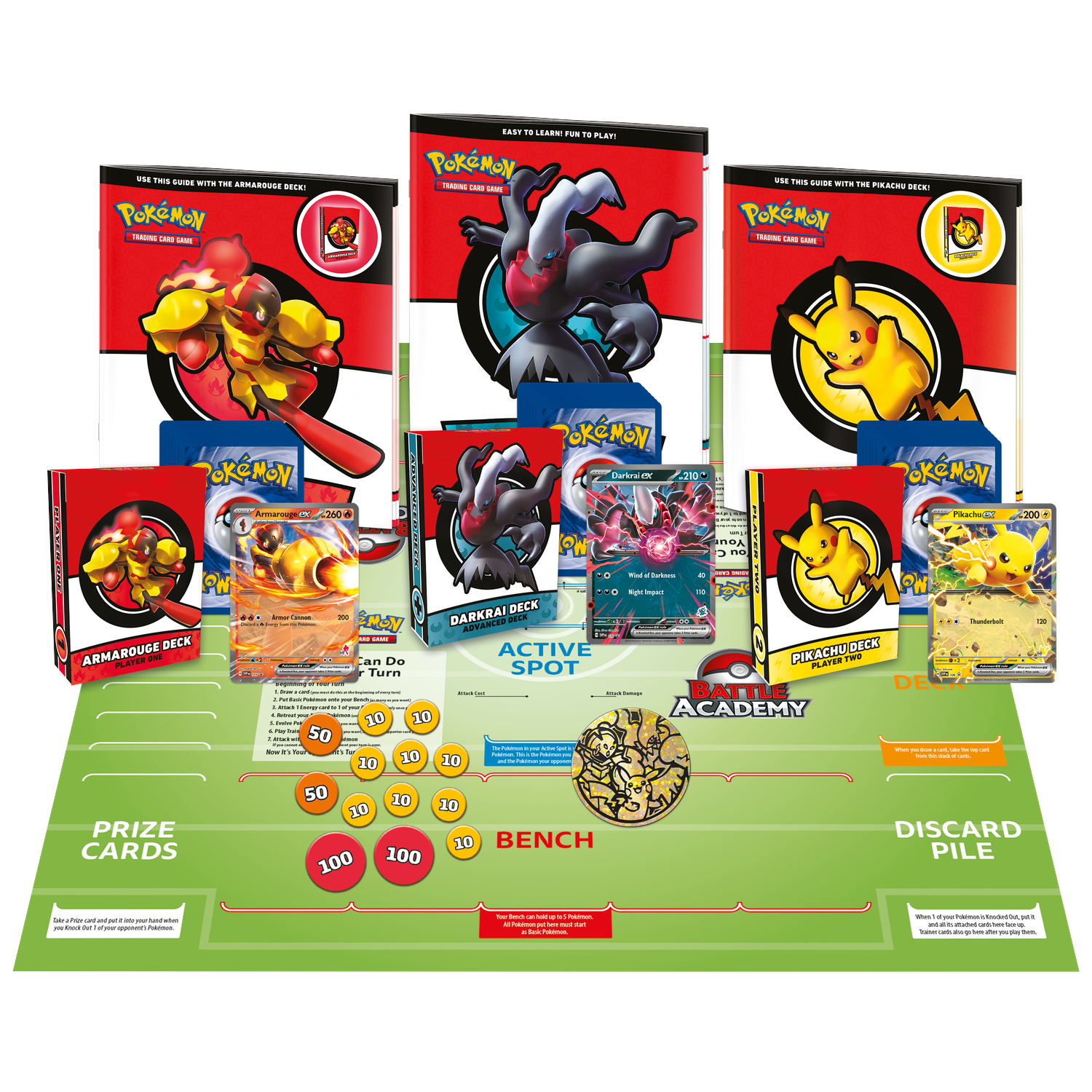 Pokemon playmat with Armarouge, Darkrai, and Pikachu decks, cards, and coins.