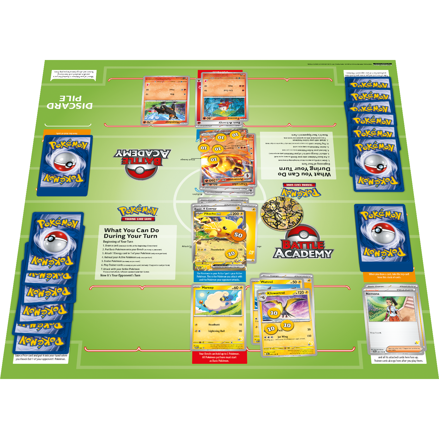A Pokémon trading card game layout with cards, a playmat, and instructions.