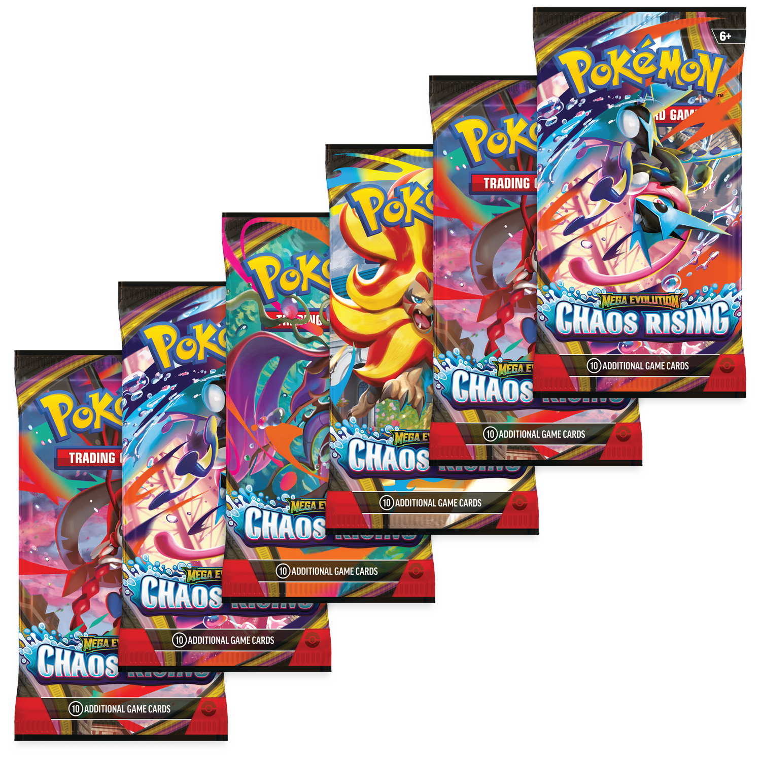Meerdere Pokémon TCG-pakketten: Chaos Rising, met Mega Evolutie Pokémon.