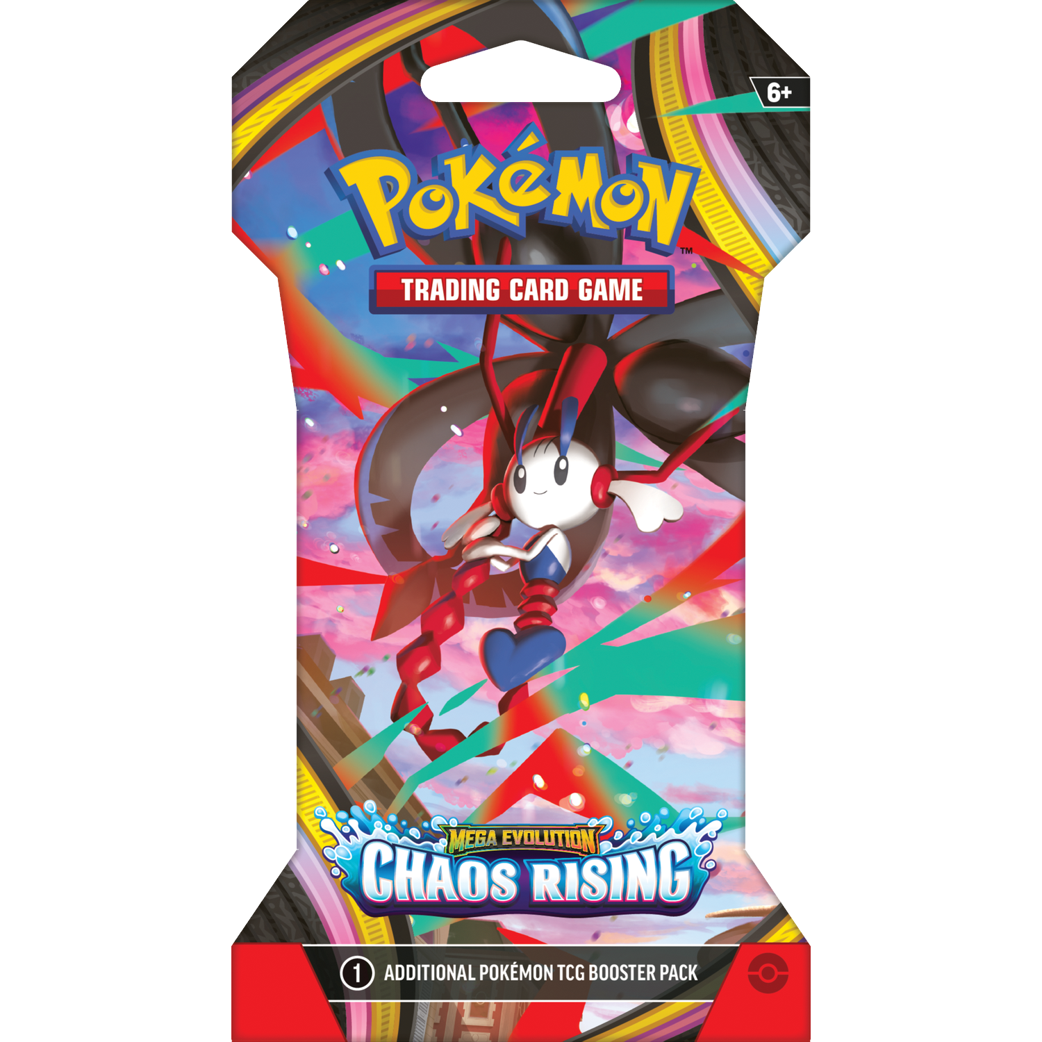 Pokémon TCG Booster Pack featuring 'Chaos Rising' theme and a red Pokémon on front.