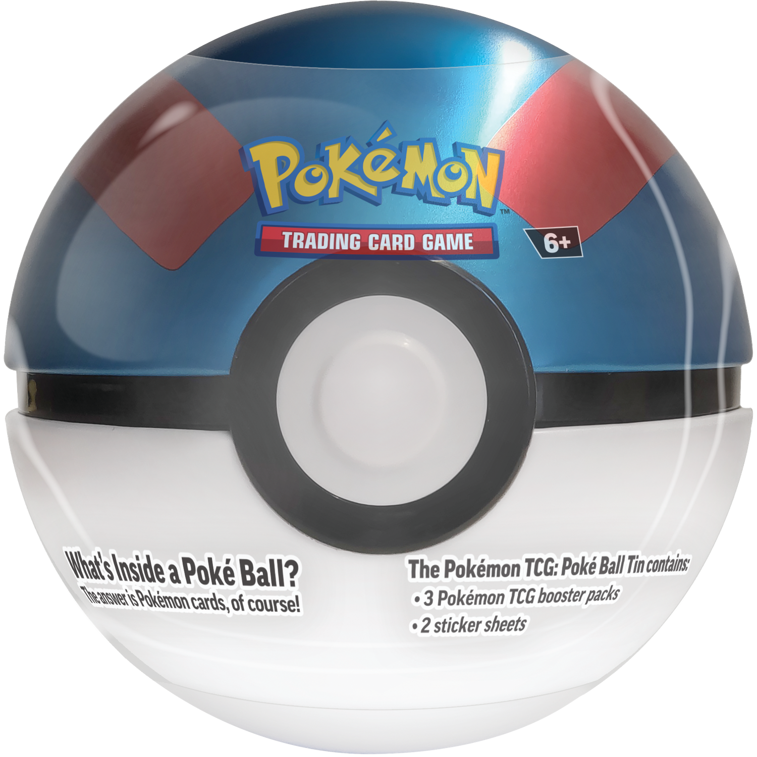 Poké Ball tin with Pokémon logo, contains 3 booster packs and 2 sticker sheets.