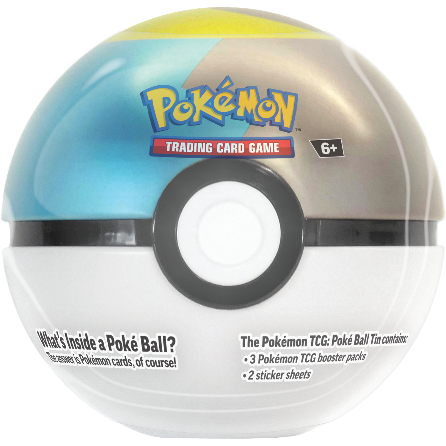 Pokémon TCG Poké Ball Tin with 3 booster packs and 2 sticker sheets.