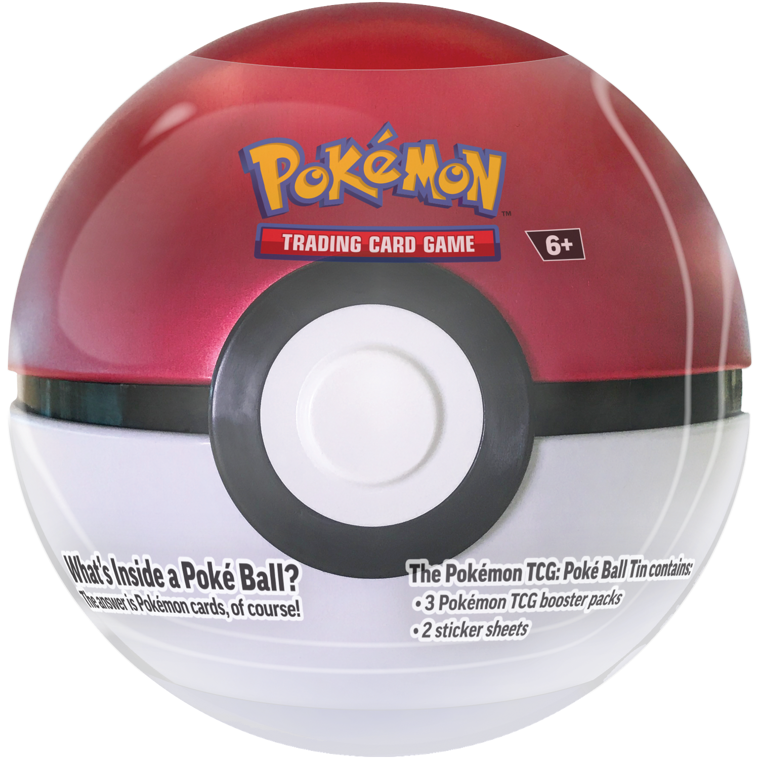 A Poké Ball shaped Pokémon TCG tin containing 3 booster packs and 2 sticker sheets.