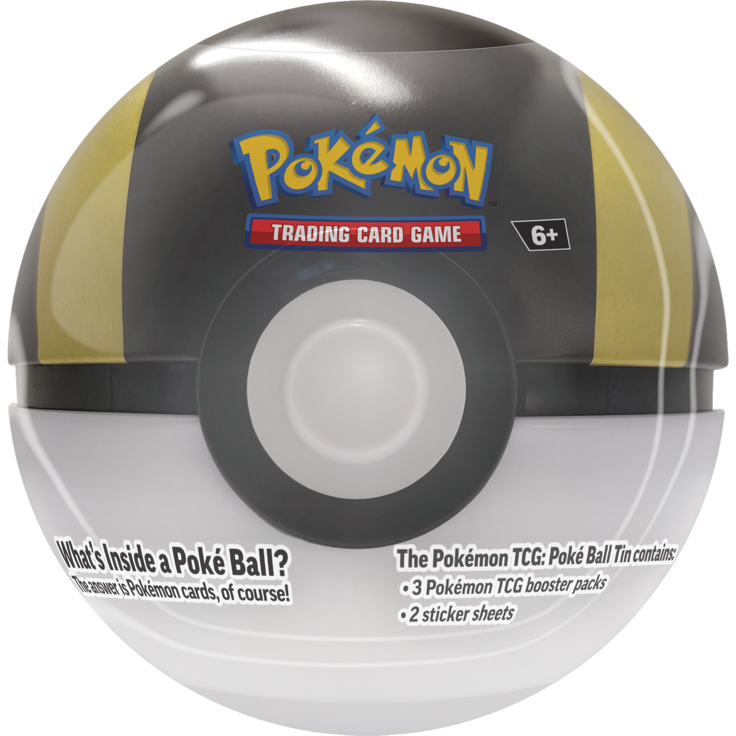 Pokémon Poké Ball Tin with Pokémon TCG booster packs and stickers.