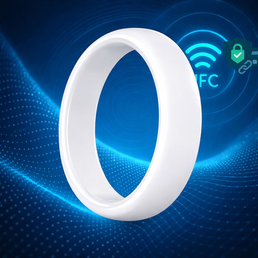 Egy fehér gyűrű kék háttér előtt, fényekkel és NFC szimbólummal.