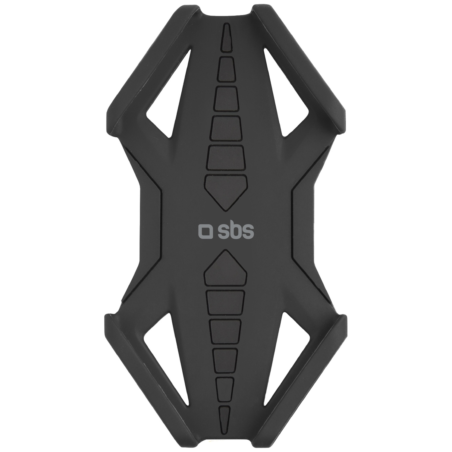 Black smartphone holder with SBS logo, rectangular cutouts, and textured surface.