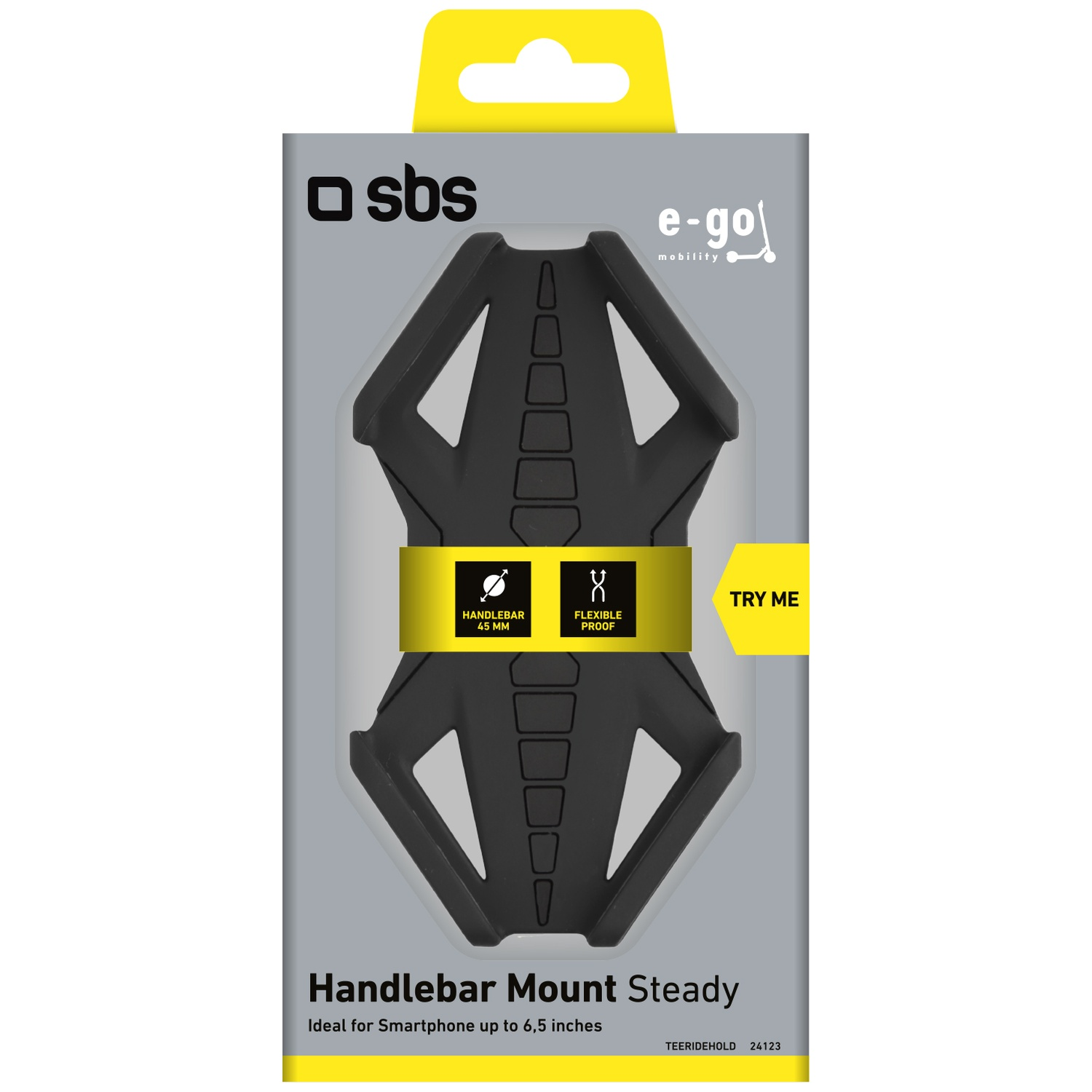 Black handlebar mount for smartphones up to 6.5 inches, with SBS logo.