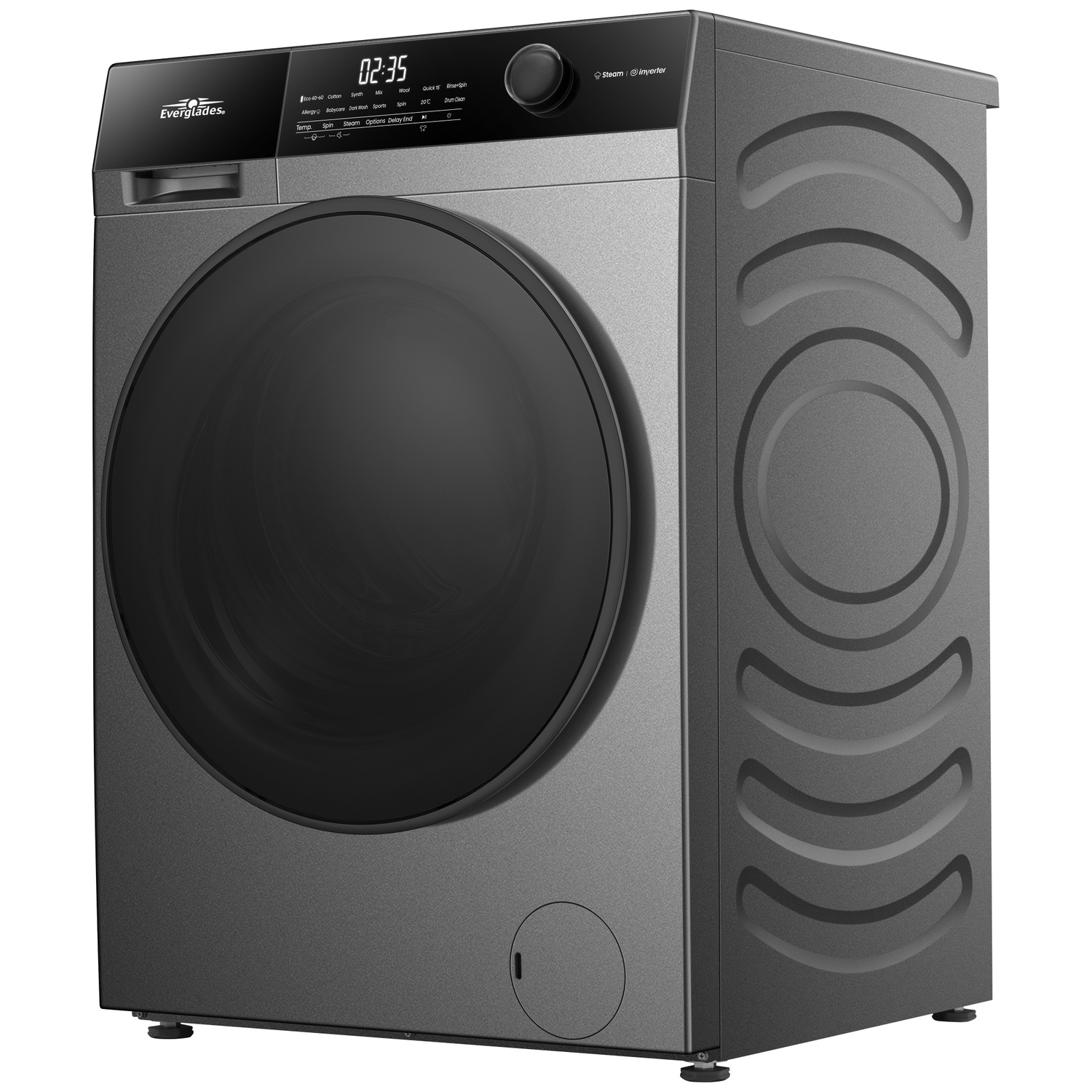 Lave-linge gris avec porte noire et écran numérique. Motif ondulé sur le côté.
