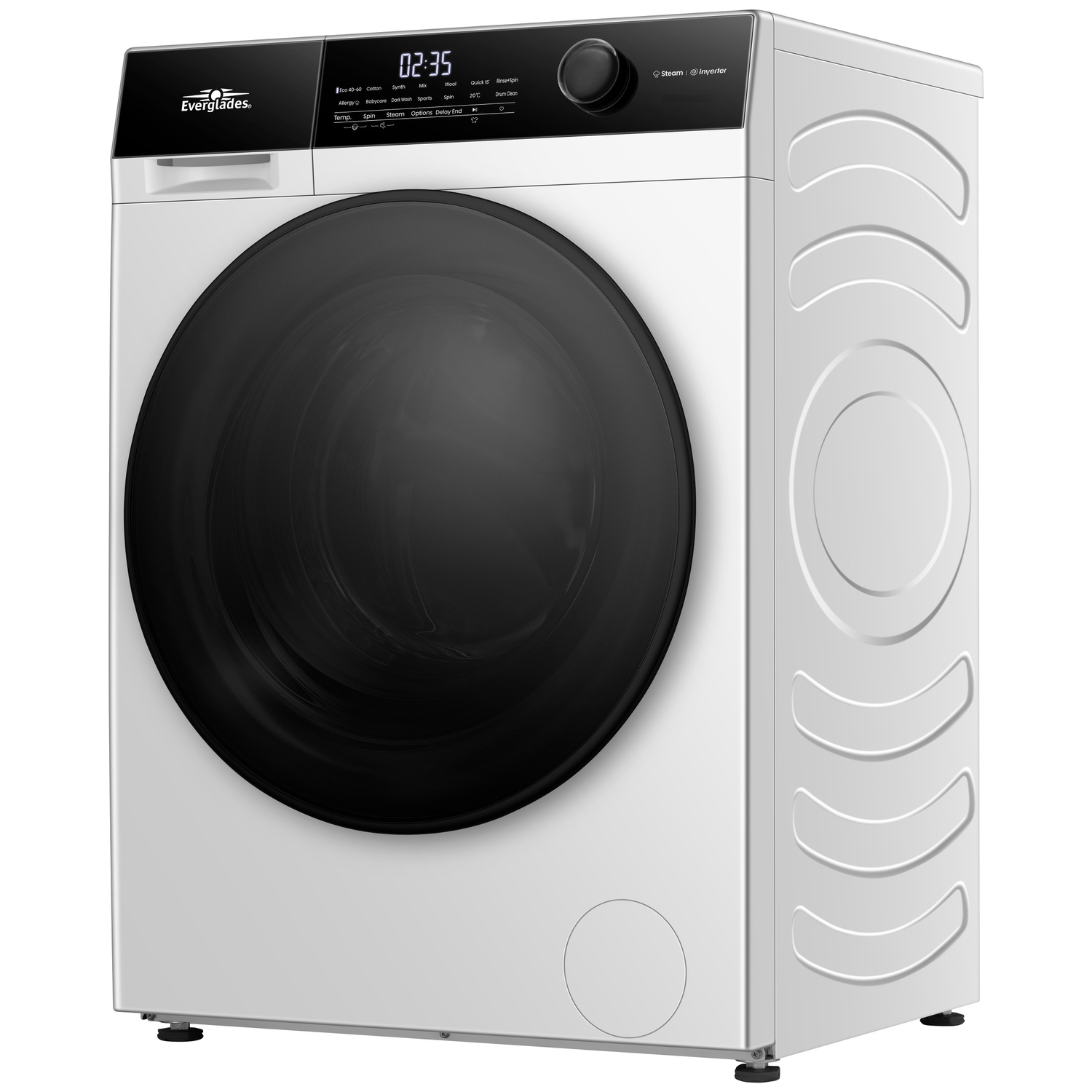 Une machine à laver blanche avec porte noire et écran numérique.