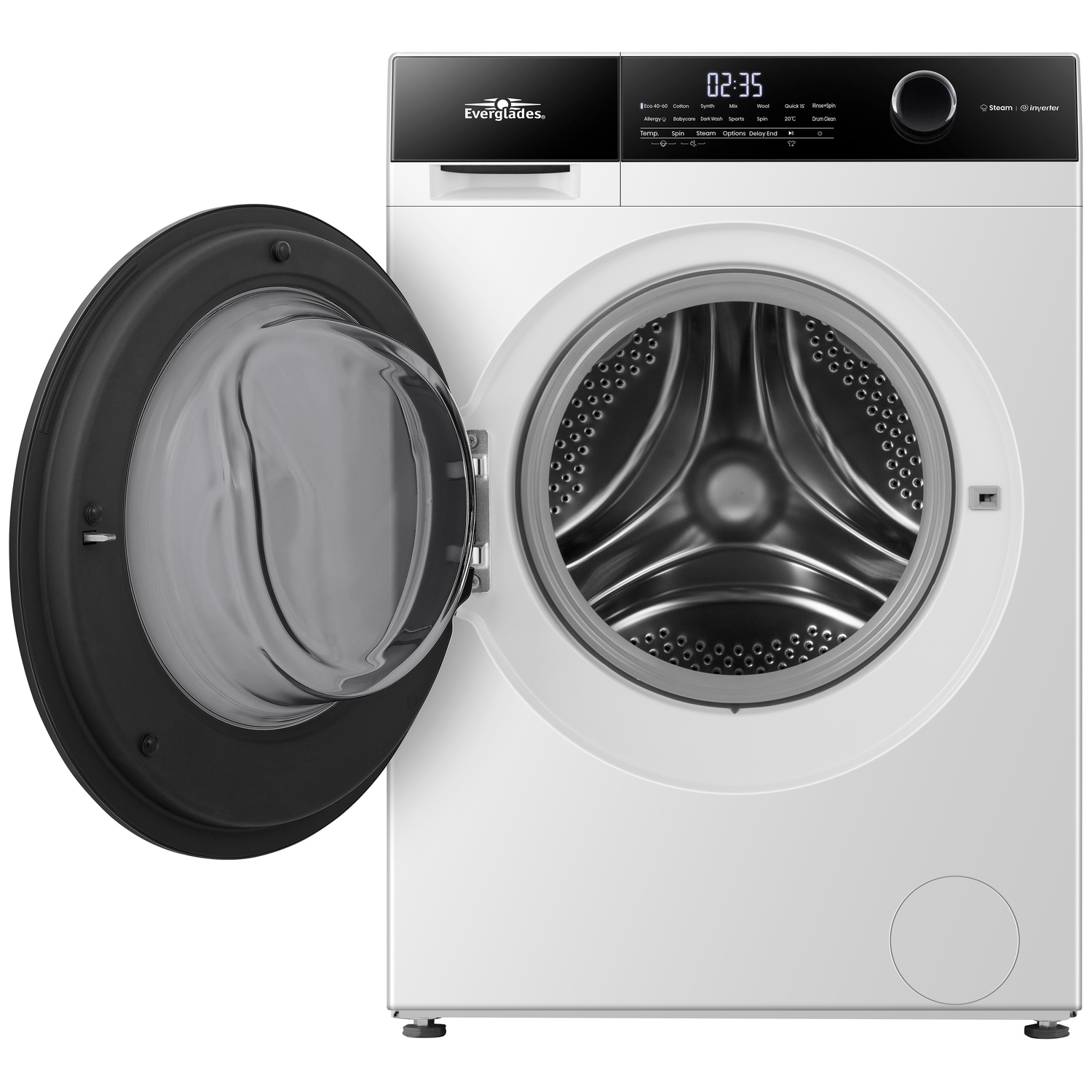 Une machine à laver blanche avec la porte ouverte et un écran numérique.