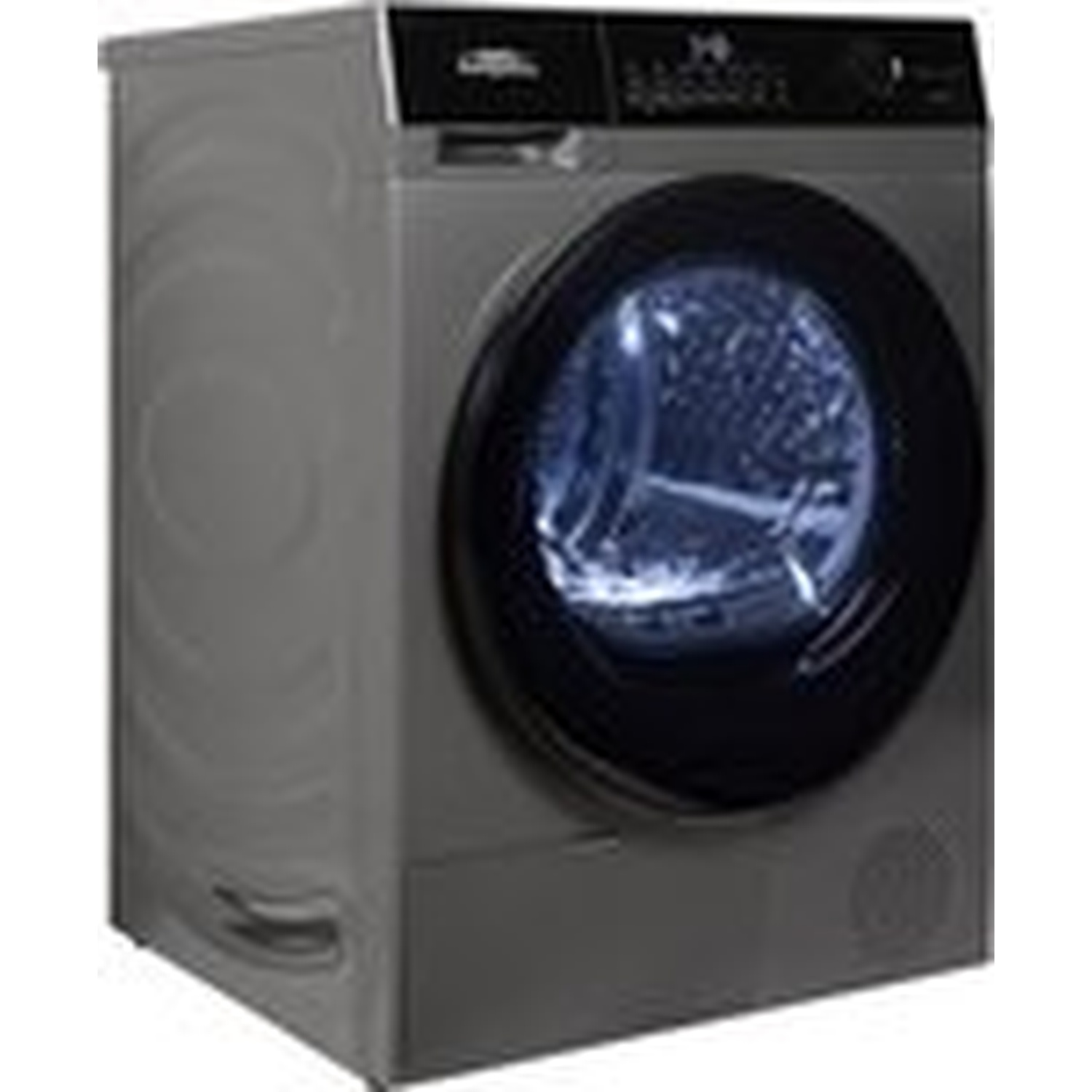 Grijze wasmachine met zwarte deur en verlichte trommel.