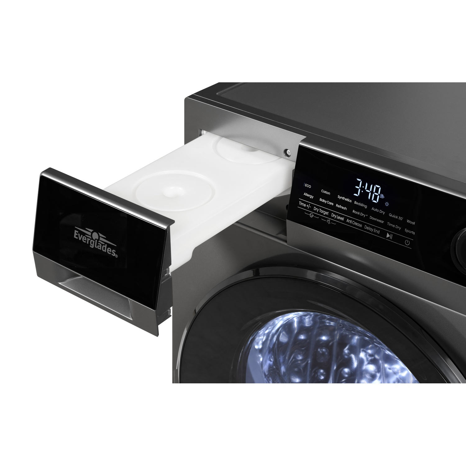 Uitgetrokken lade van een moderne wasmachine met display.