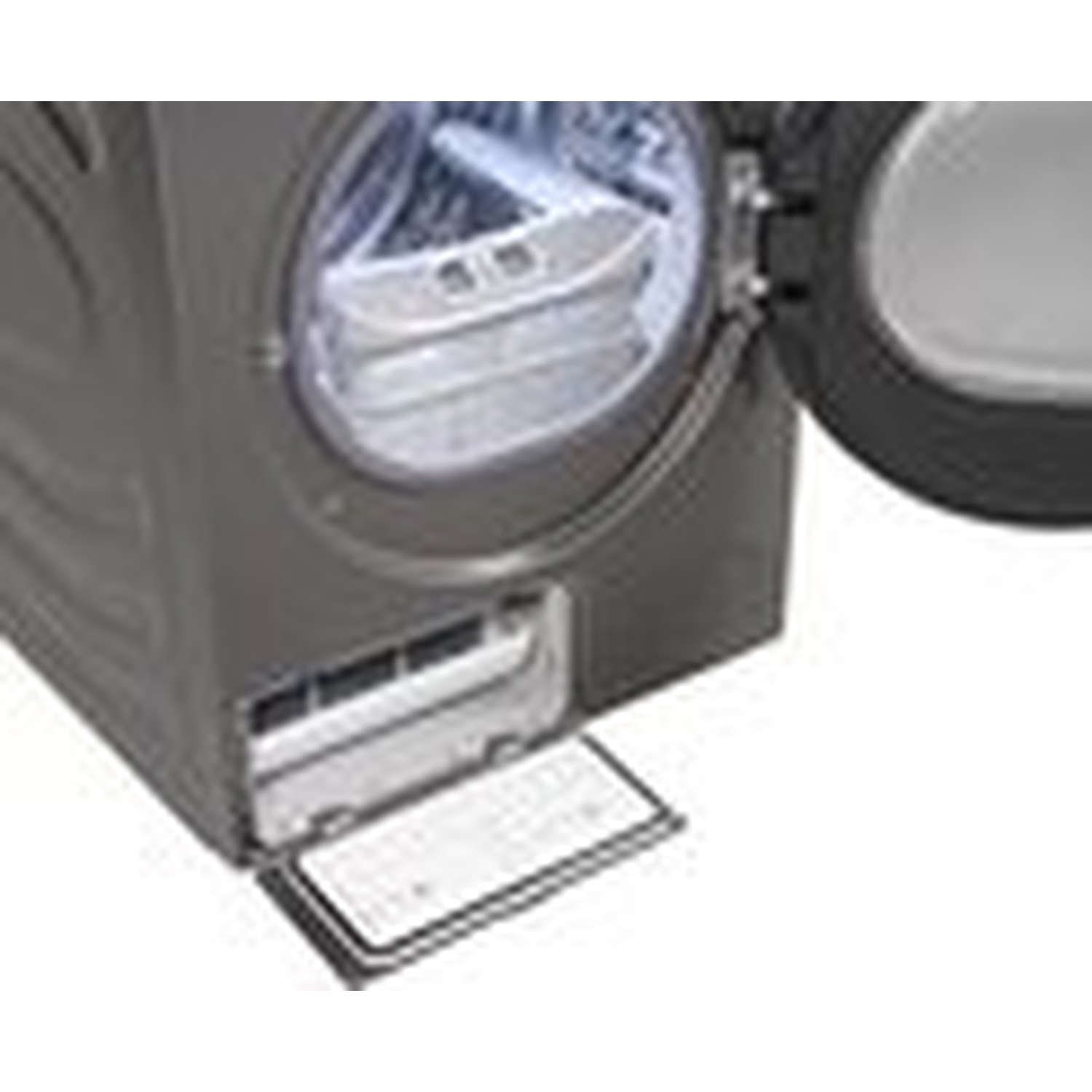 Een grijze wasmachine met de deur open, die de trommel aan de binnenkant onthult.
